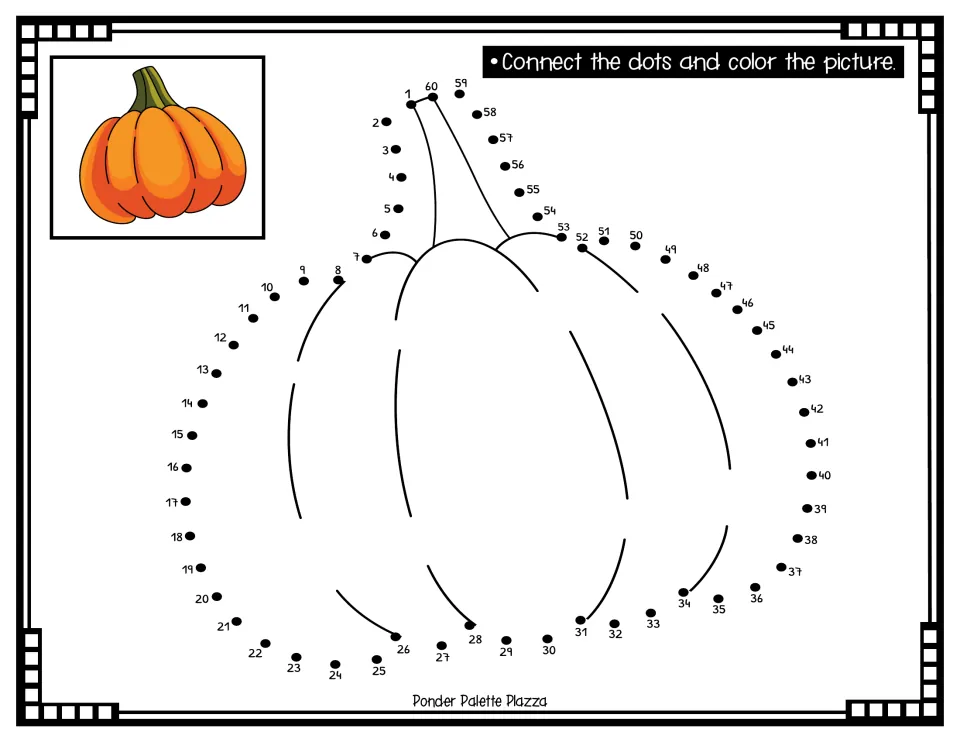 Thanksgiving dot-to-dot activity 5: connect numbers 1–60 to complete a pumpkin, then color the picture.