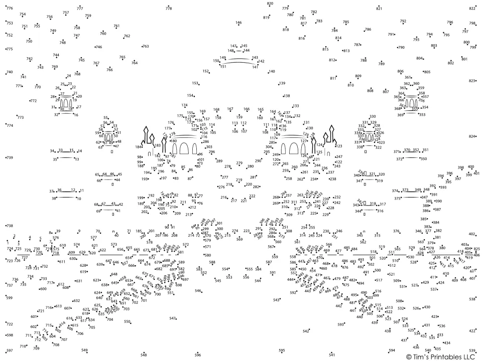 Taj Mahal dot-to-dot activity with 825 numbered points to connect, revealing the landmark and its grounds.