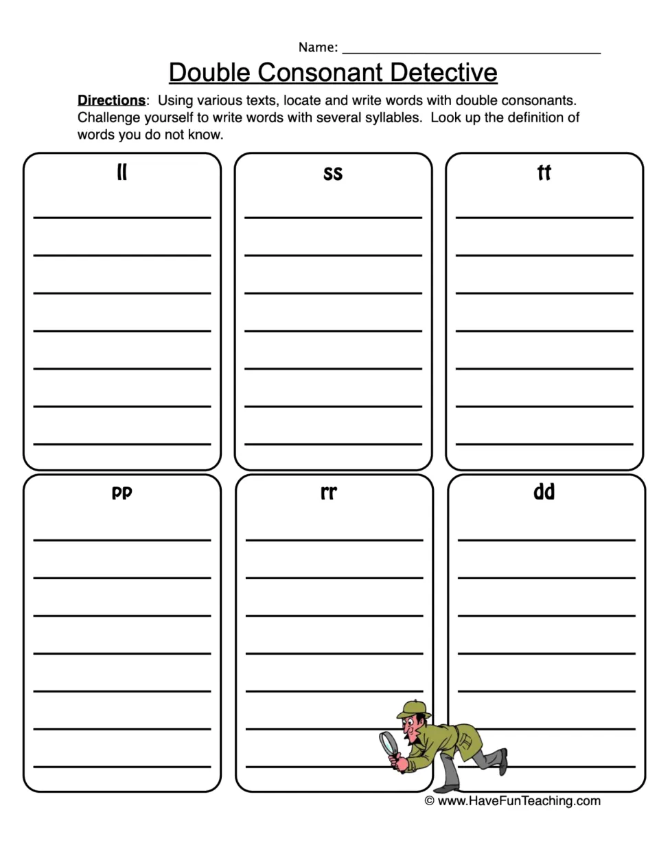 Double Consonant Detective: students hunt texts for words with ll, ss, tt, pp, rr or dd and list them by letter pair