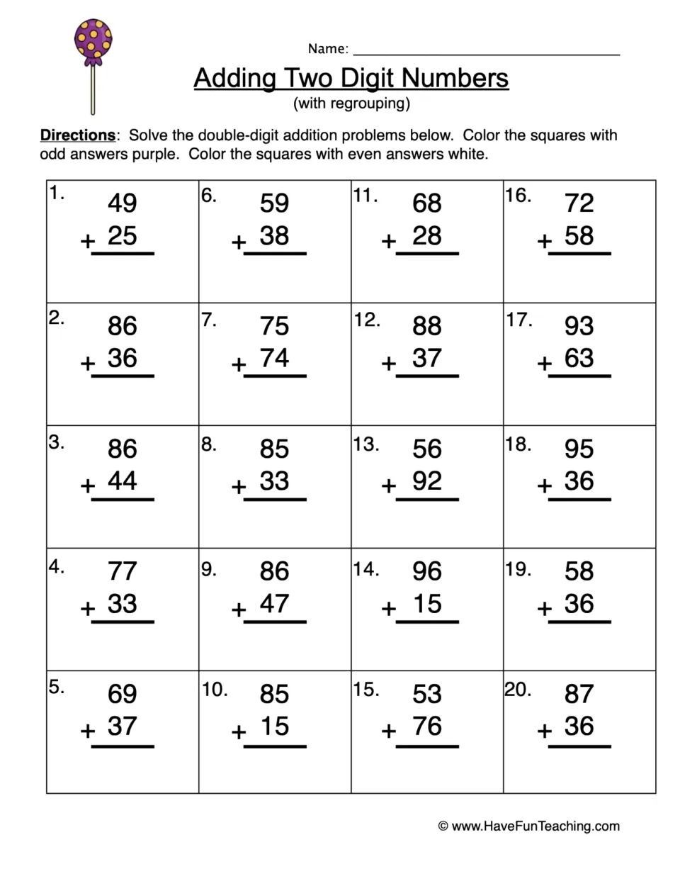 Adding two-digit numbers with regrouping: students solve 20 problems, coloring odd sums purple and even sums white