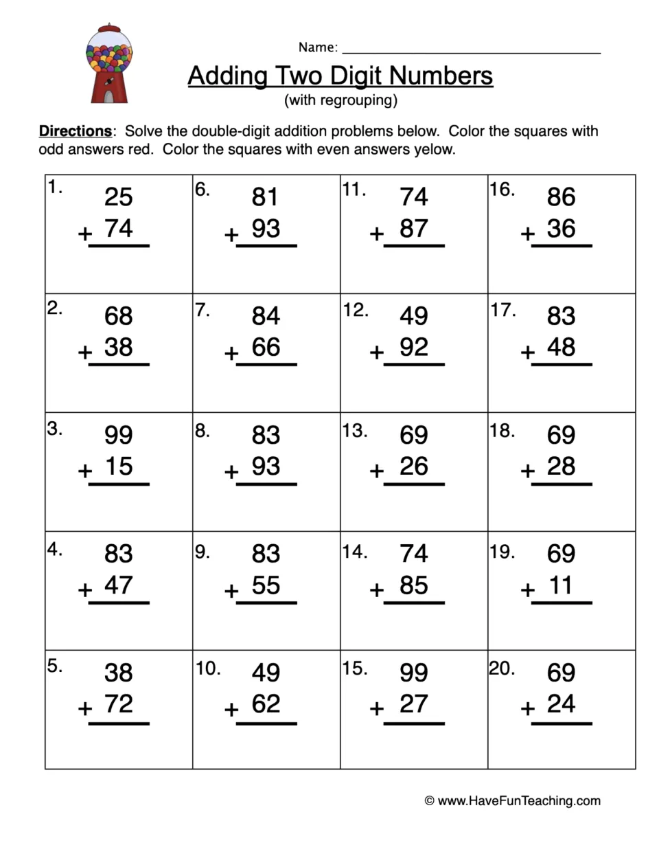 Addition practice sheet: 20 two-digit problems, including 25 + 74; color odd answers red and even yellow.