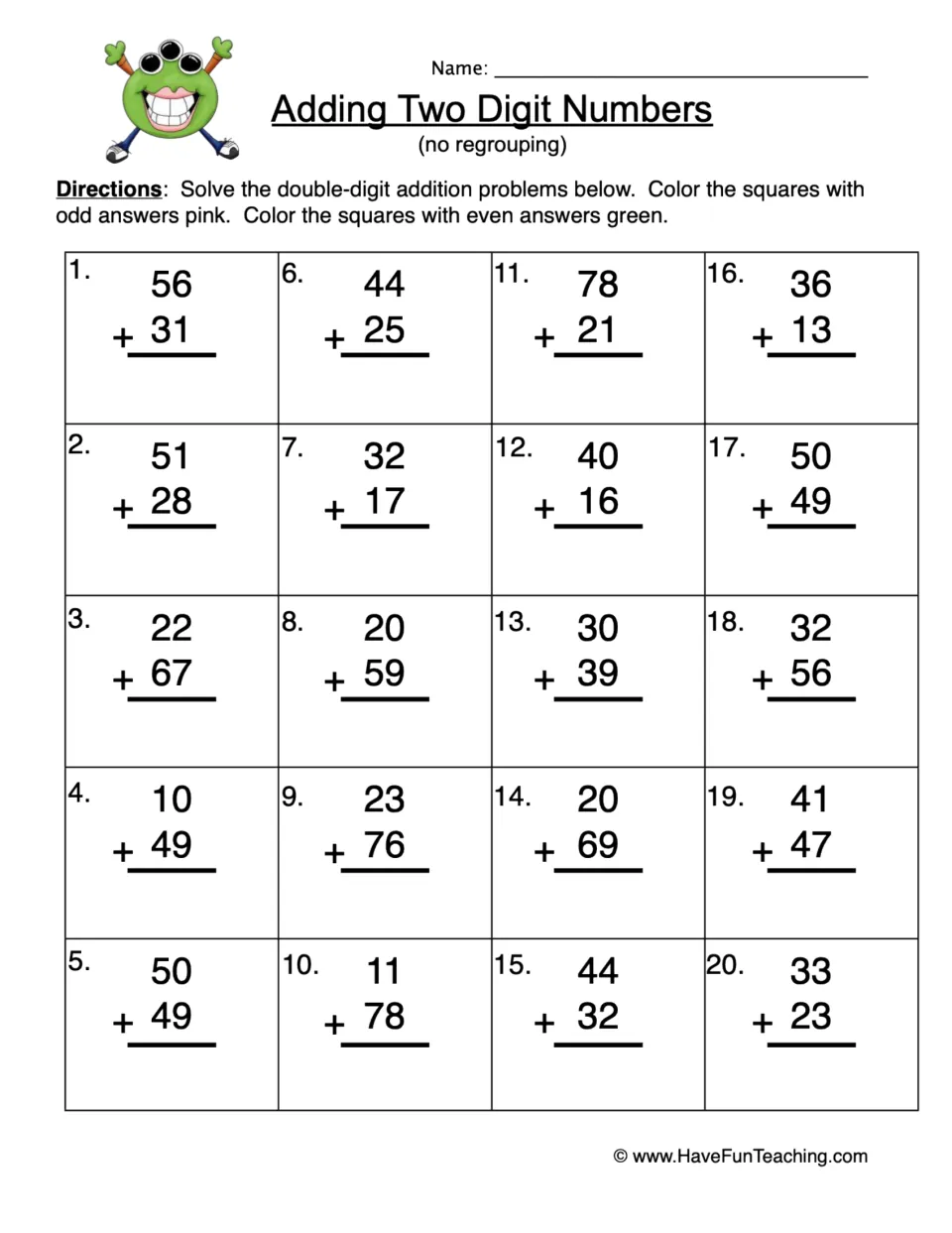 Adding Two Digit Numbers (no regrouping): students solve 20 vertical sums, then color odd answers pink, even green