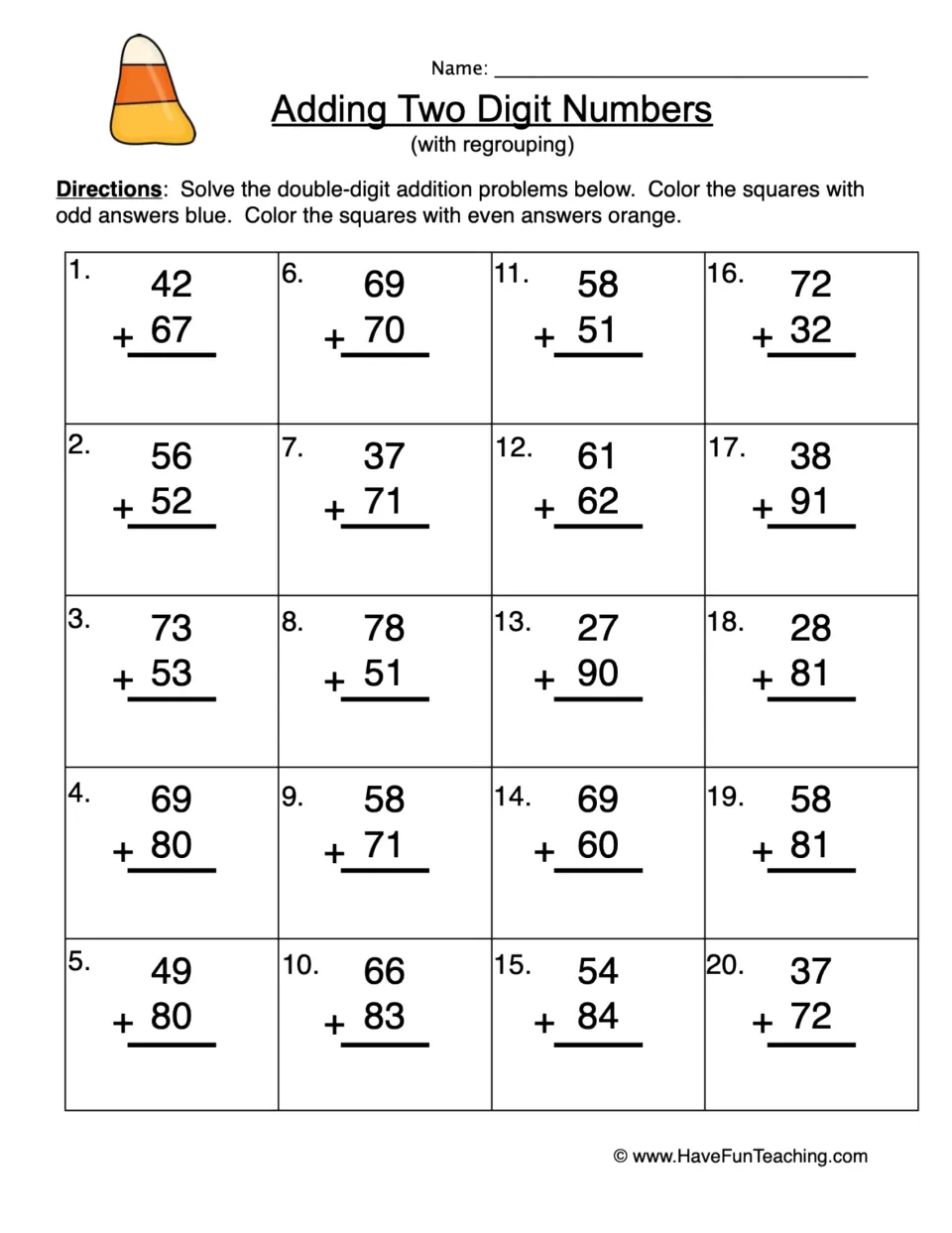 Adding two-digit numbers with regrouping: students solve 20 sums, then color odd answers blue and even ones orange