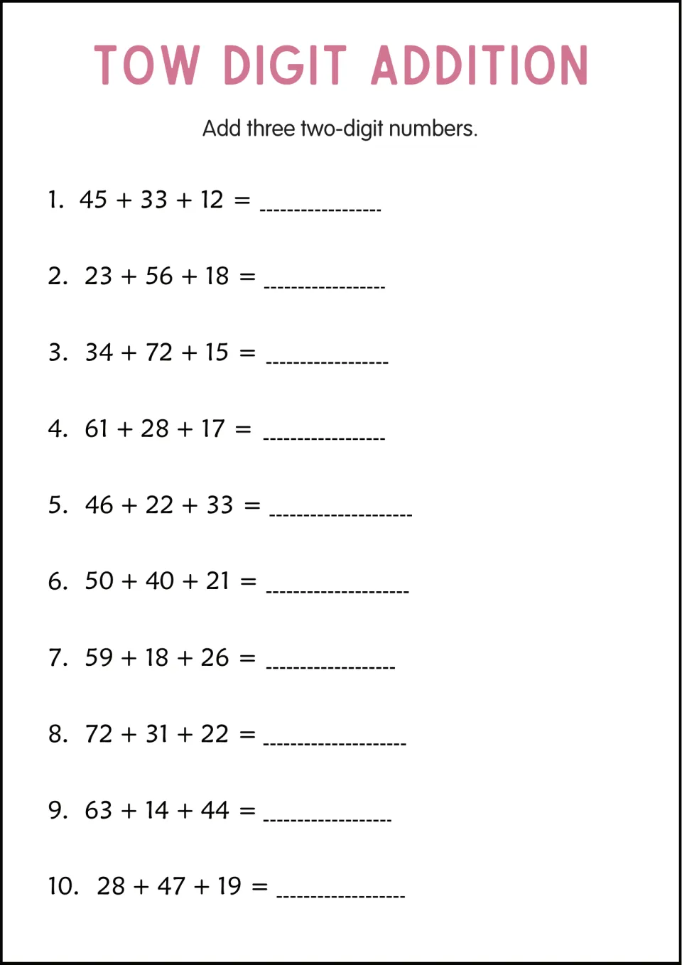 Adding three two-digit numbers: students find 10 sums of three addends, such as 45 + 33 + 12 and 59 + 18 + 26