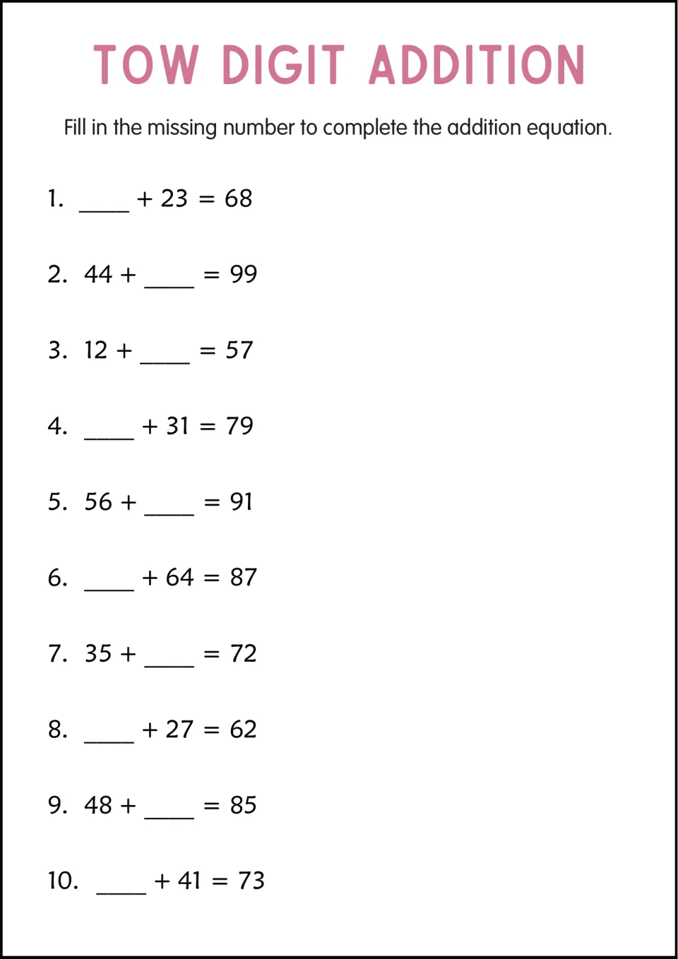 Missing addend equations: students fill in the unknown number in 10 problems such as __ + 23 = 68 and 44 + __ = 99