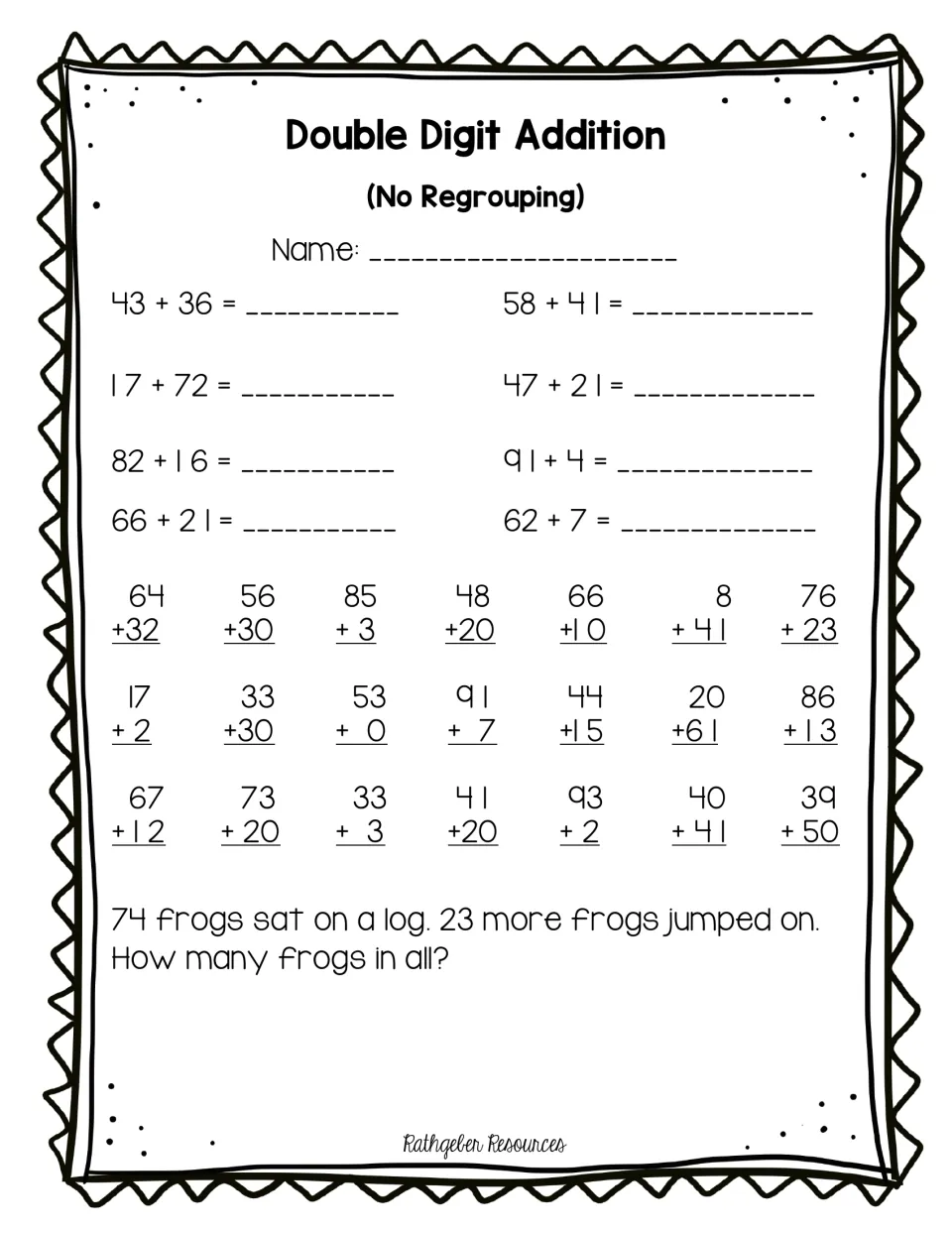 Double-digit addition, no regrouping: students solve 8 horizontal and 21 vertical sums, then a word problem about frogs