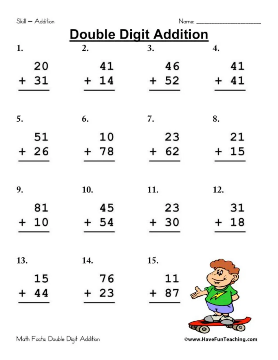 Two-digit sums practice: students find 15 totals, including 20 + 31, 10 + 78 and 81 + 10, next to a boy on a skateboard