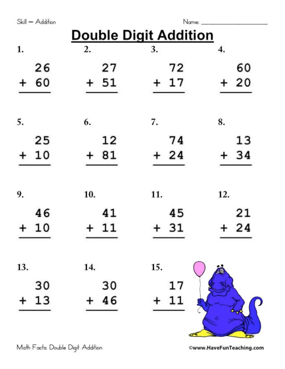 Vertical addition of 2-digit numbers: students complete 15 sums such as 26 + 60 and 74 + 24, with a purple dinosaur