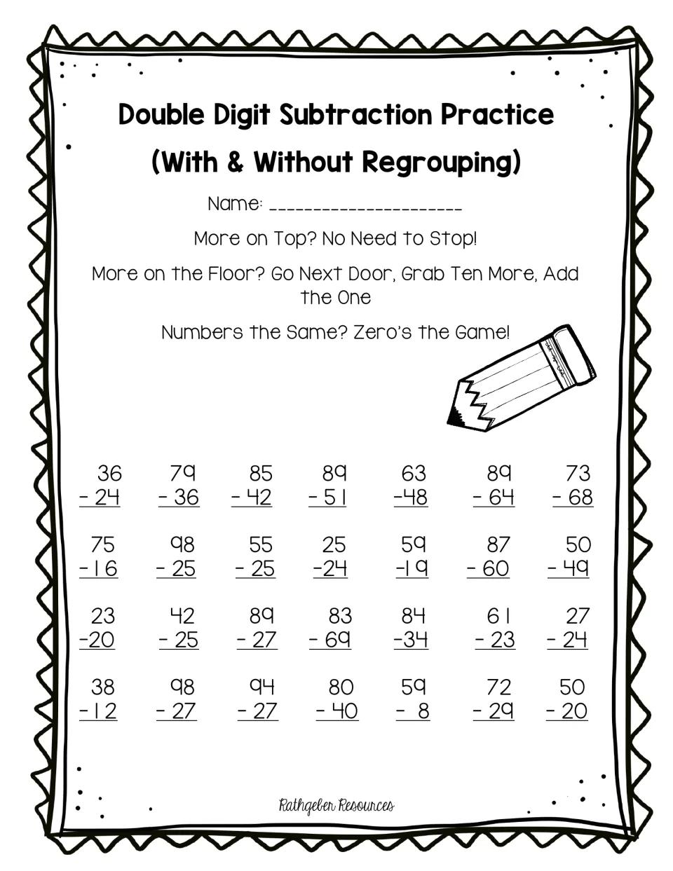 Two-digit subtraction with and without regrouping: students solve 28 vertical problems using rhymes on borrowing a ten