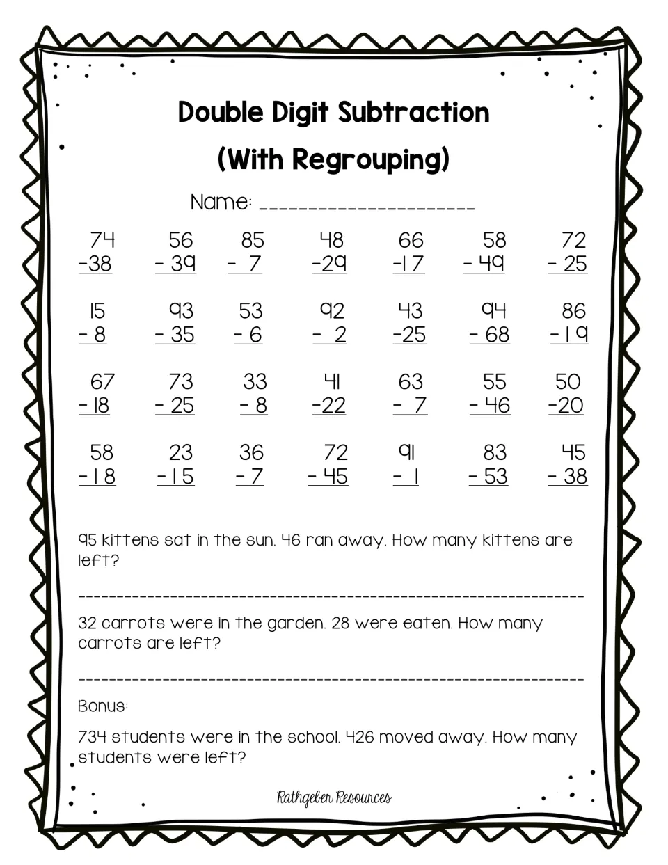 Subtraction with regrouping: students solve 28 two-digit problems, two word problems and a three-digit bonus problem