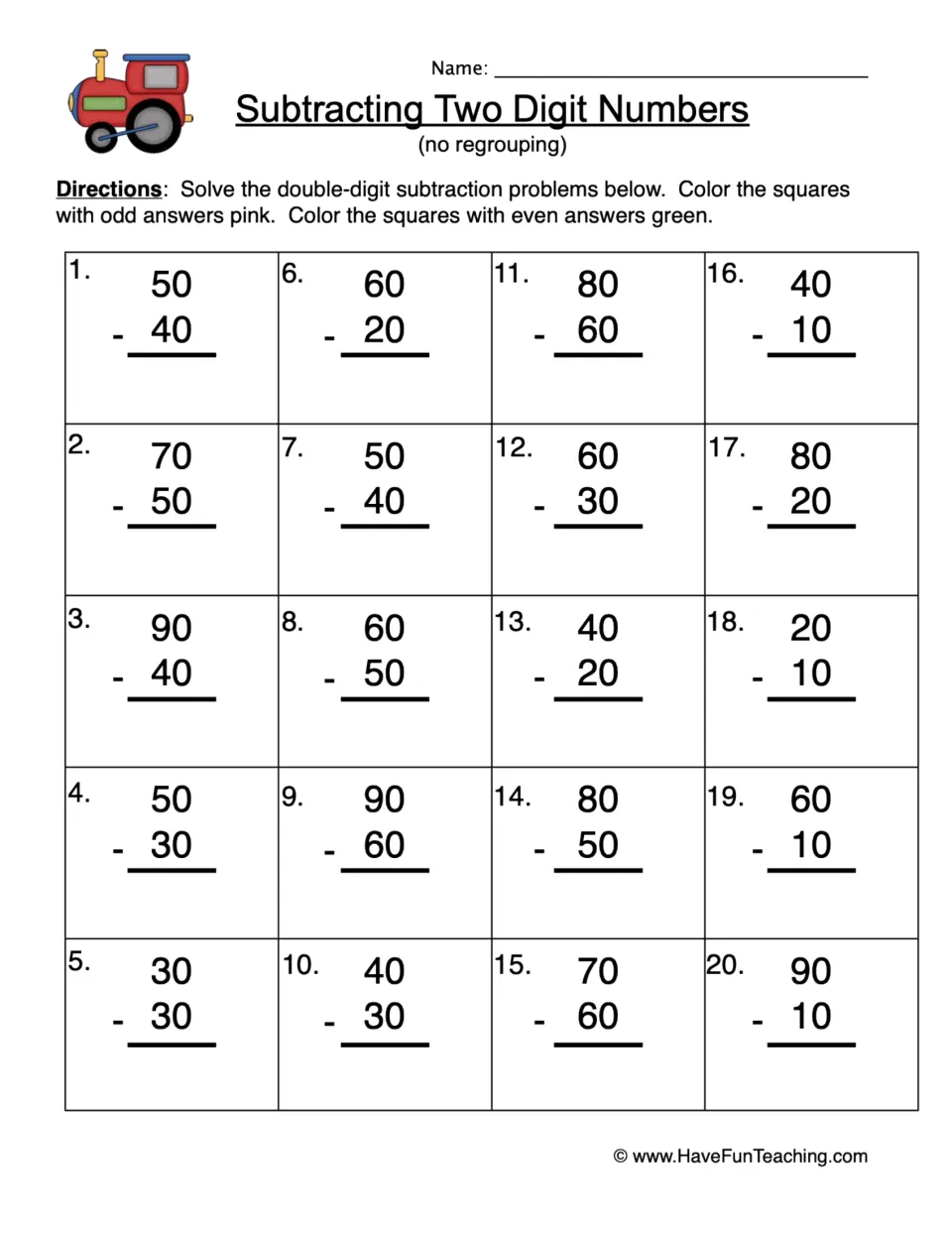 Subtracting two-digit tens, no regrouping: students solve 20 problems like 90 - 40 and color odd answers pink, even green