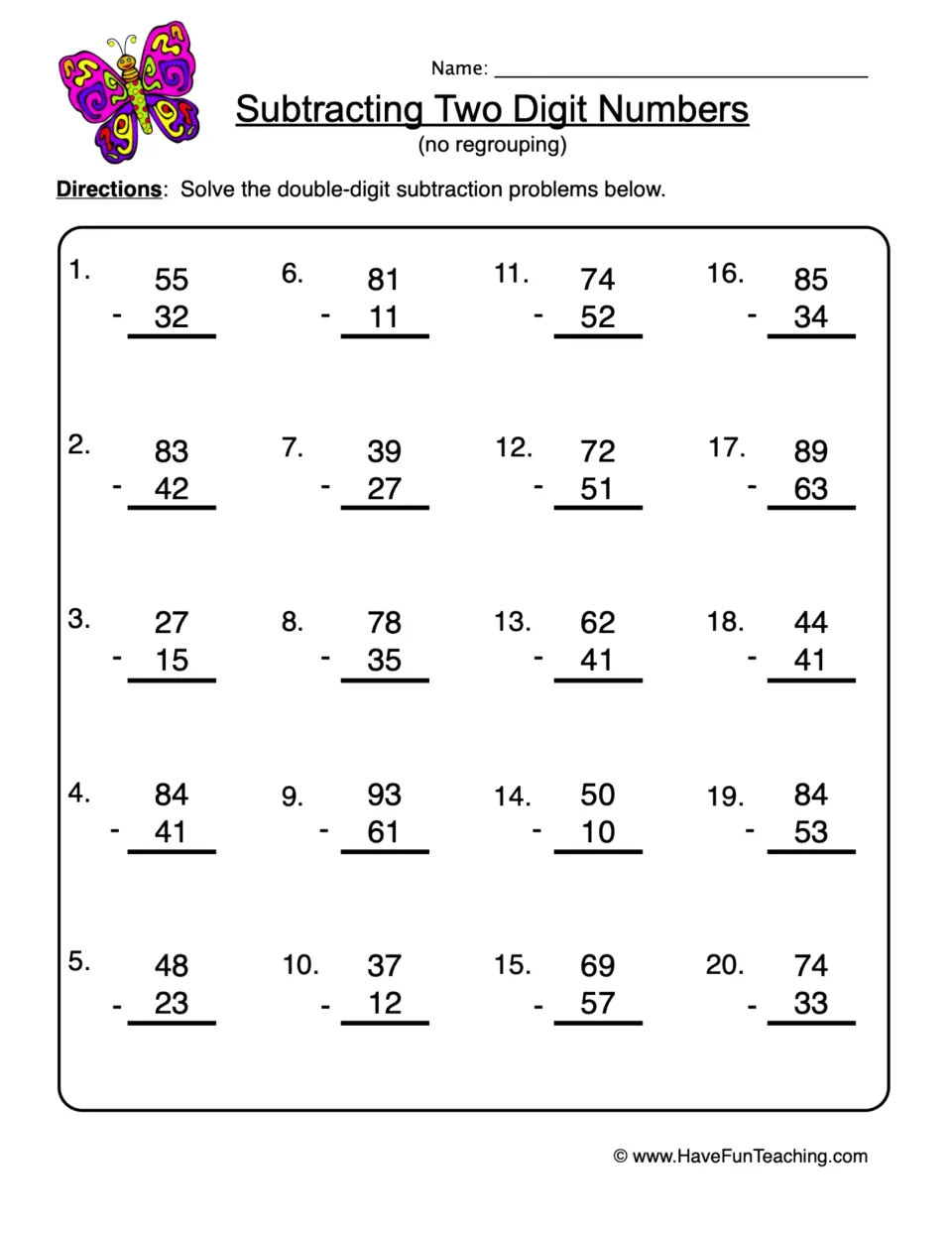 Subtracting Two Digit Numbers (no regrouping): students solve 20 vertical problems such as 55 - 32 and 89 - 63