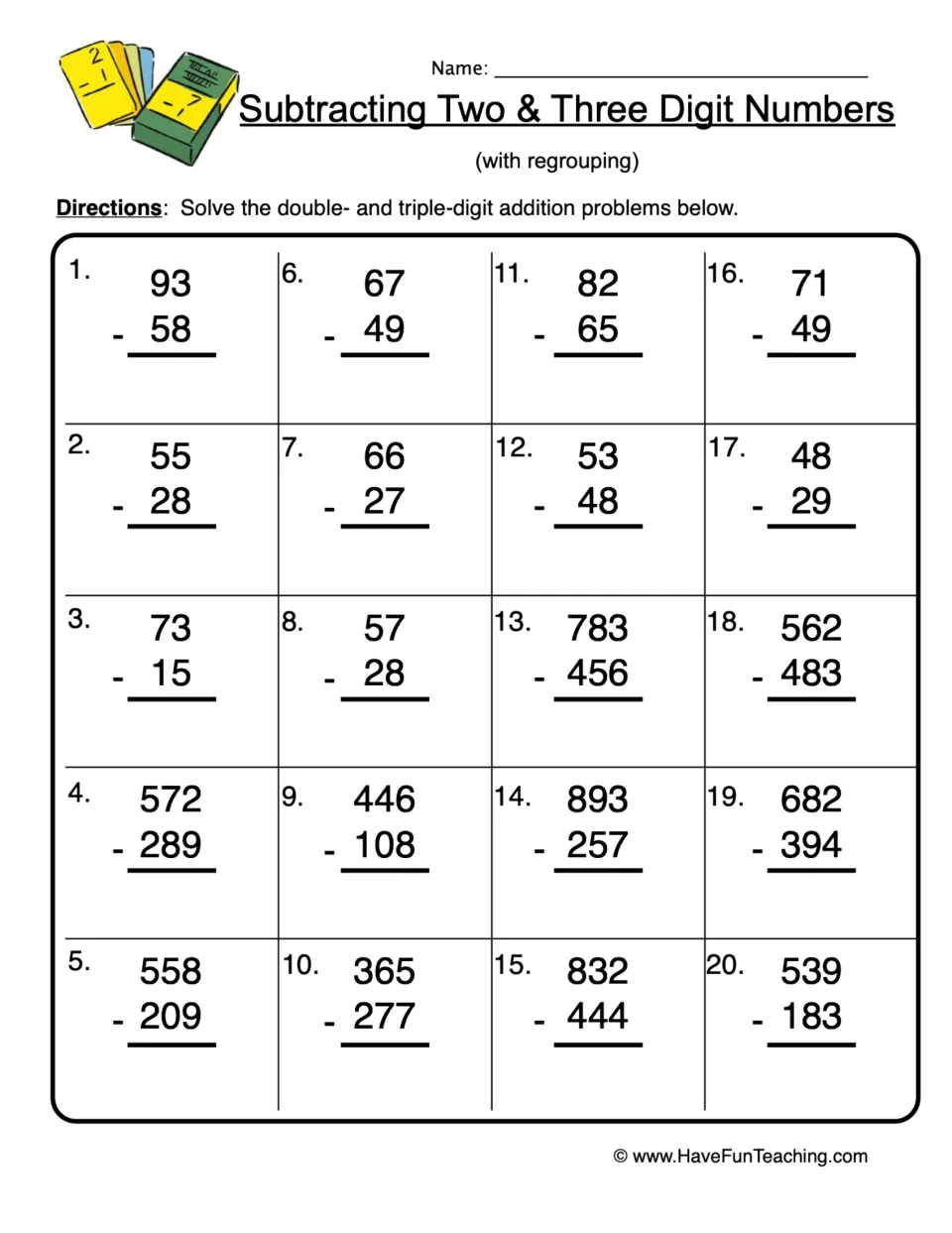Subtraction practice sheet: 20 two- and three-digit problems with regrouping, including 93 − 58 and 572 − 289.