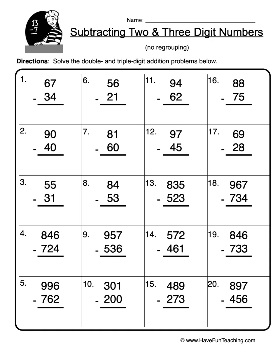 Subtracting two and three digit numbers, no regrouping: students solve 20 vertical problems such as 67 - 34 and 846 - 724