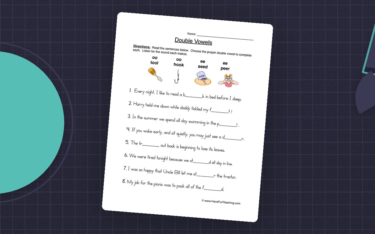 Double Vowels Fill in the Blank Worksheet preview: Eight sentence-completion prompts