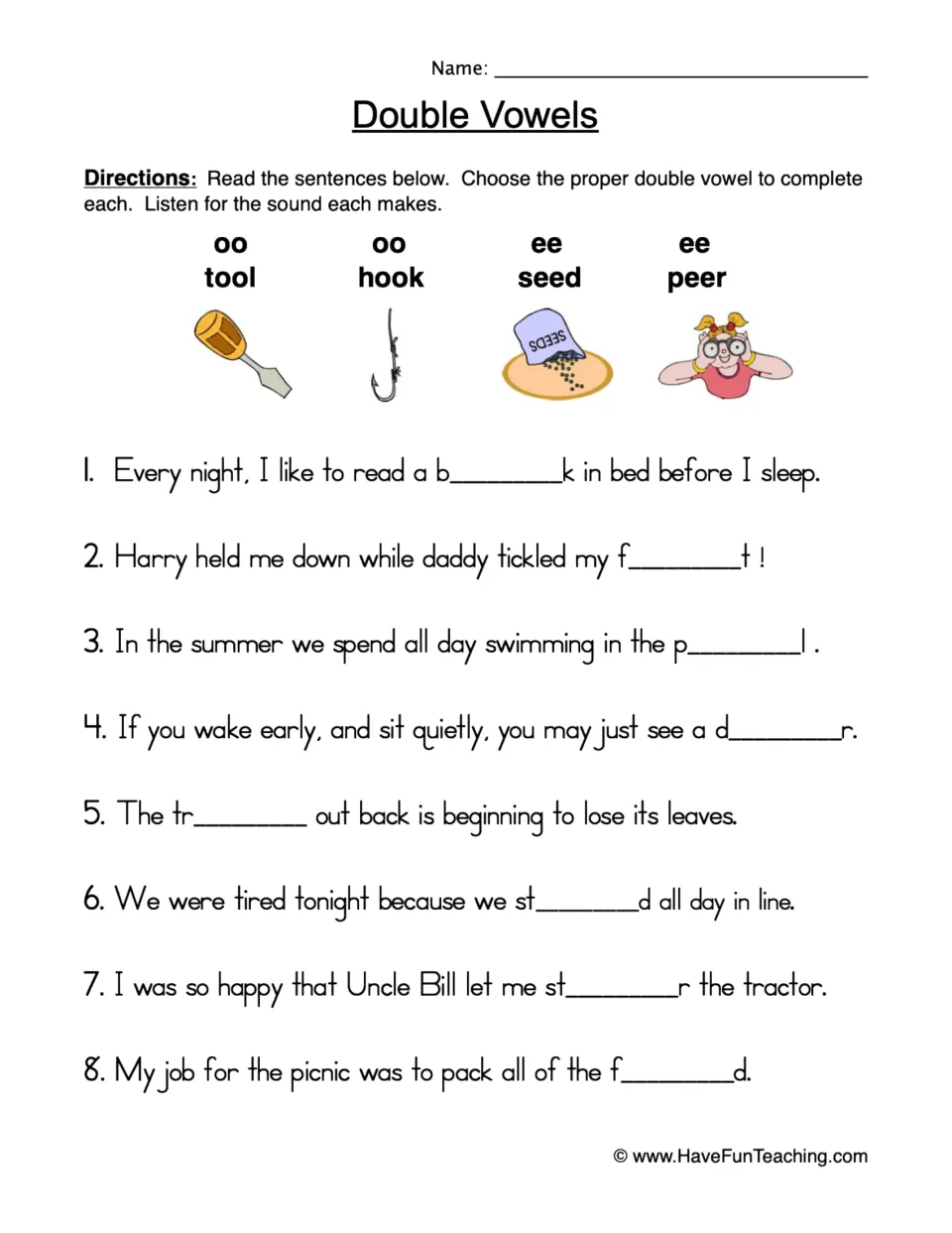 Double vowels oo and ee: students fill in the missing vowel pair in 8 sentences, guided by tool, hook, seed and peer