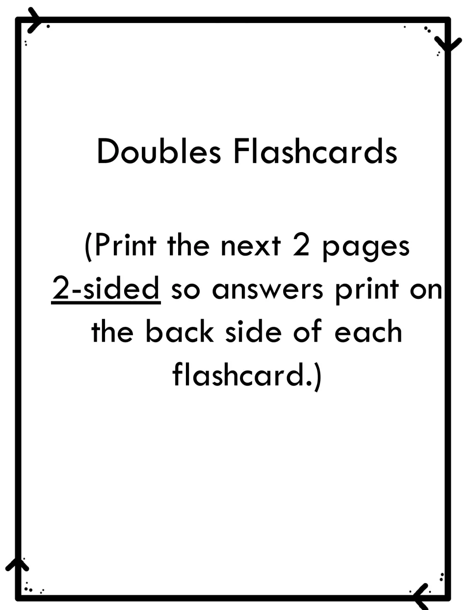 Doubles flashcard directions say to print the next two pages double-sided so answers are on each card’s back.