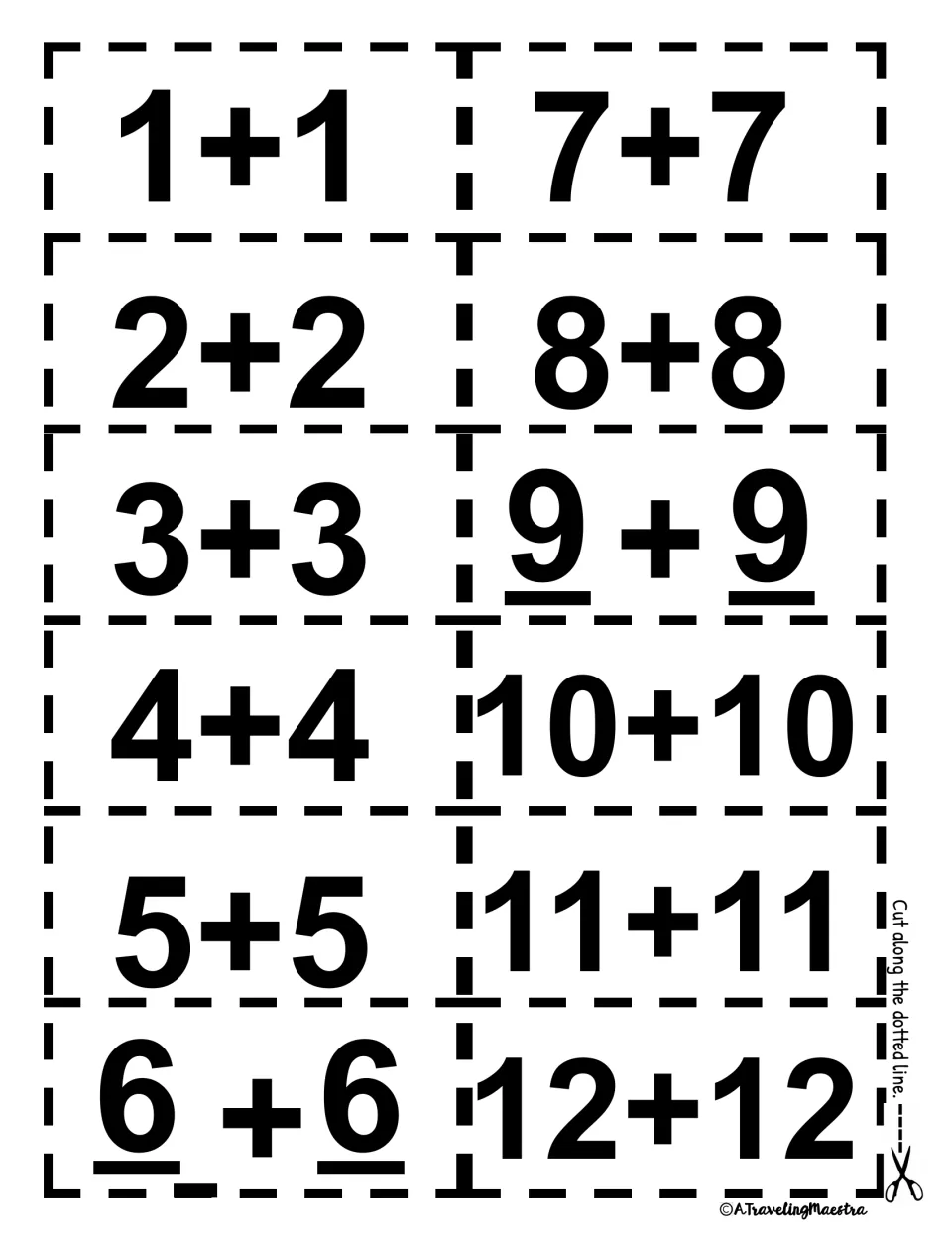 Twelve doubles flashcard fronts show addition facts from 1+1 through 12+12, with directions to cut them apart.