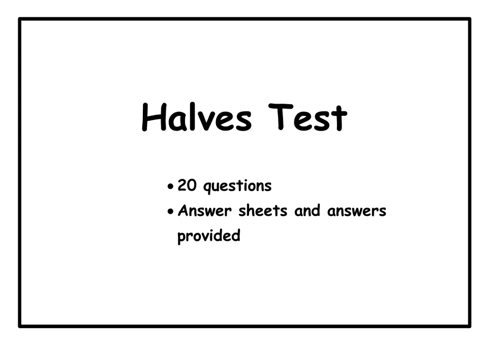 Halves Test cover: a 20-question halving test, noting that answer sheets and the answers are provided