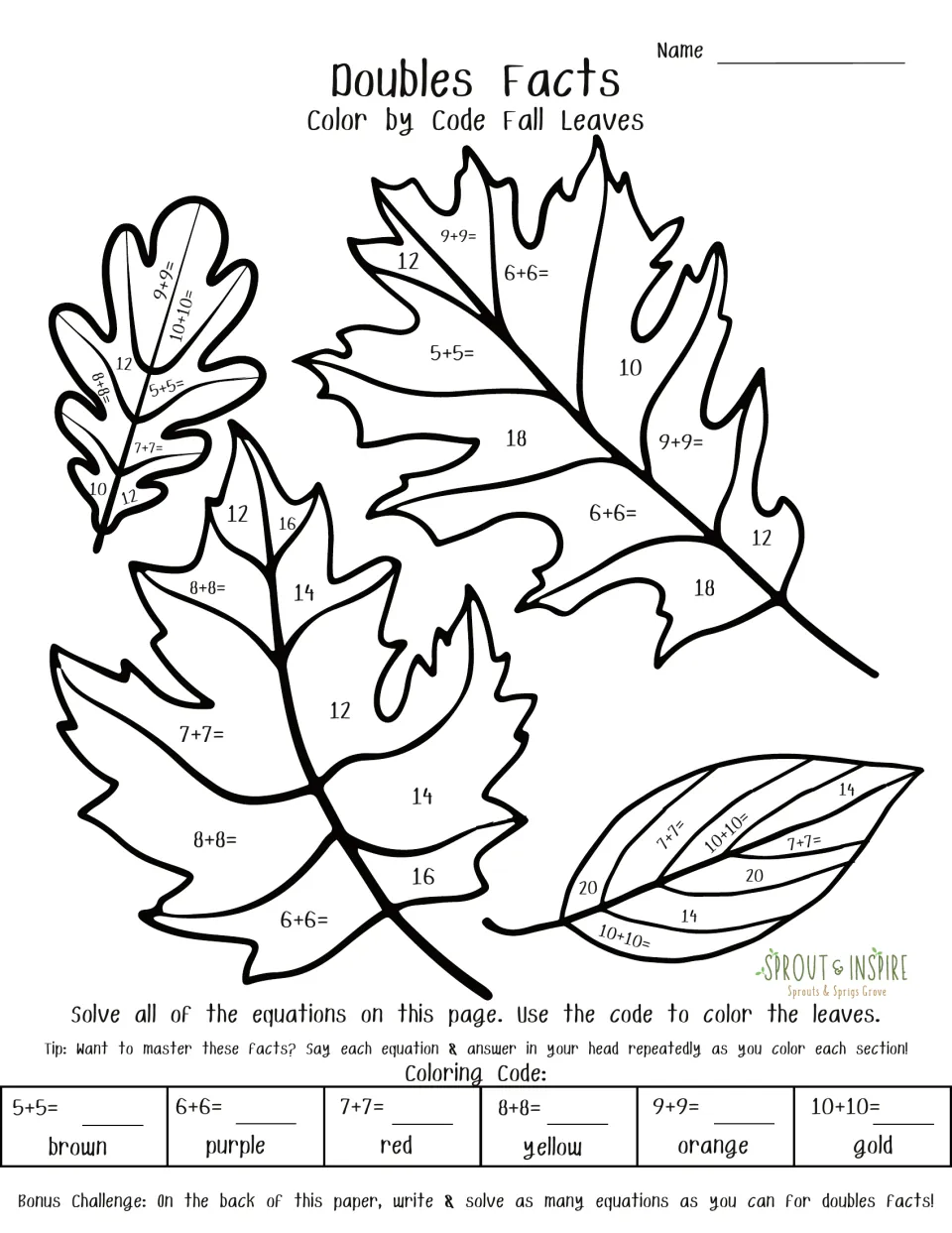 Doubles facts fall leaves: students solve 5+5 through 10+10 and color each leaf section by its sum using the color code