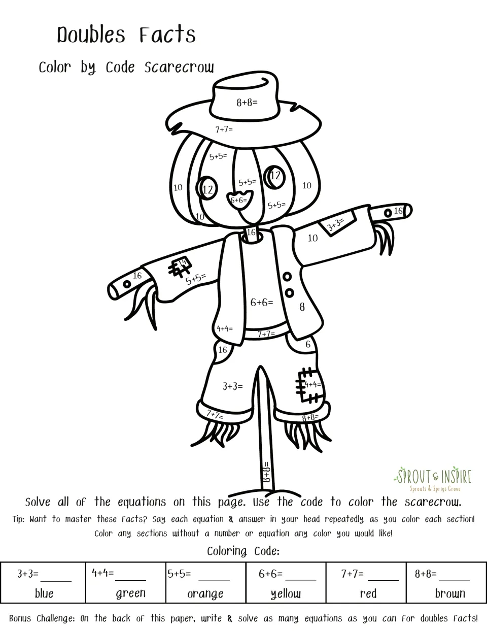 Doubles facts scarecrow: students solve 3+3 through 8+8 and color each matching section of the scarecrow by the code