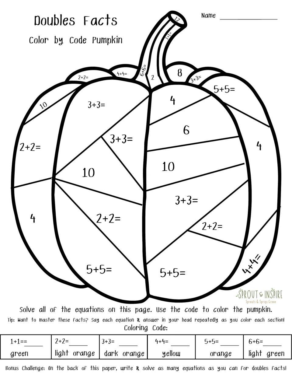Doubles addition practice: color a pumpkin using equations from 1+1 to 6+6 and their matching sums.