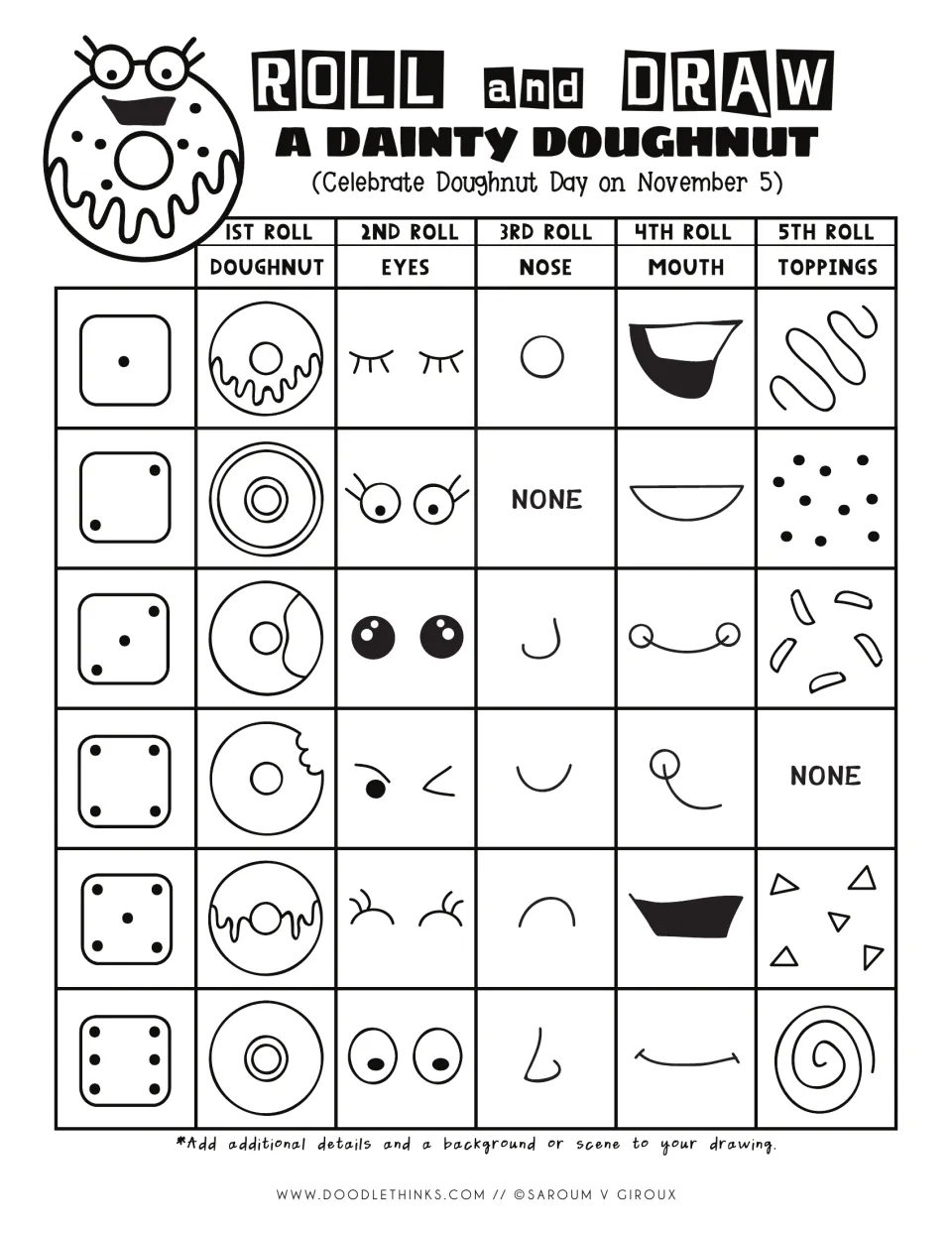 Black-and-white roll and draw doughnut chart: each die roll picks a doughnut shape, eyes, nose, mouth or toppings to draw