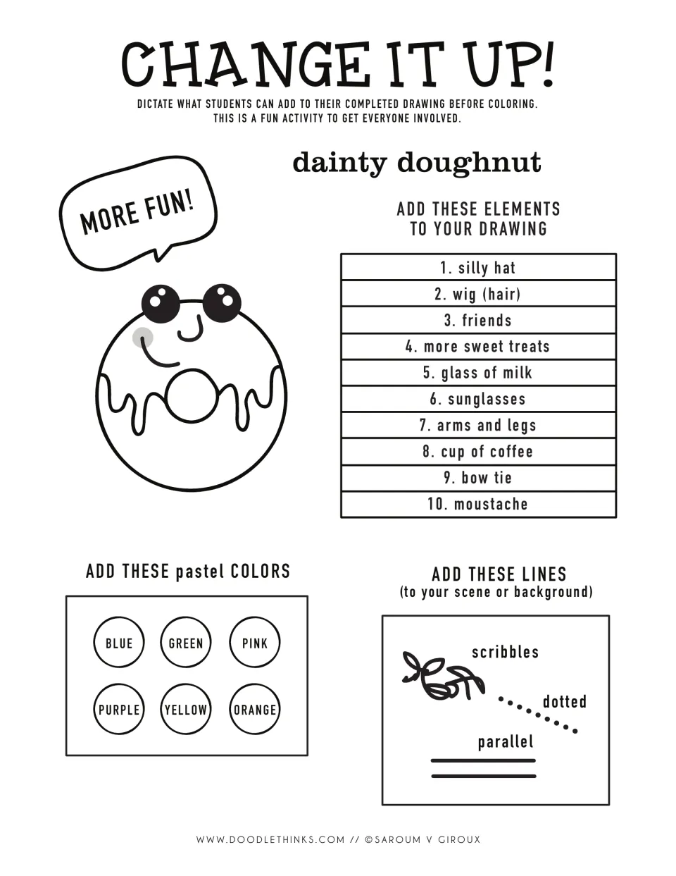 Black-and-white Change It Up! list: 10 add-ons to dictate, like sunglasses and cup of coffee, with pastel colors and lines