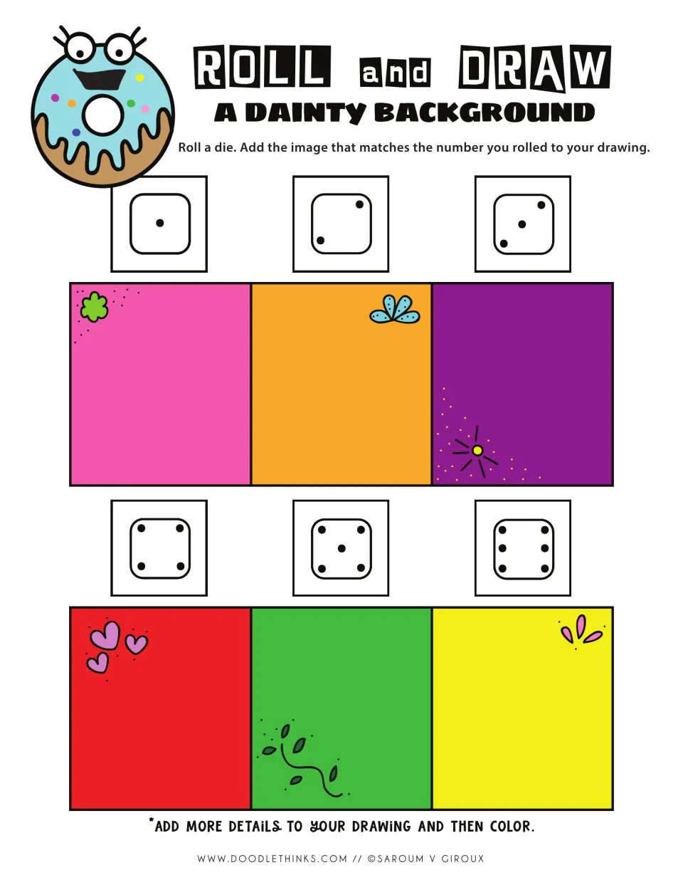 Roll and draw a dainty background: students roll a die to choose one of 6 colored scenes with hearts, leaves or flowers