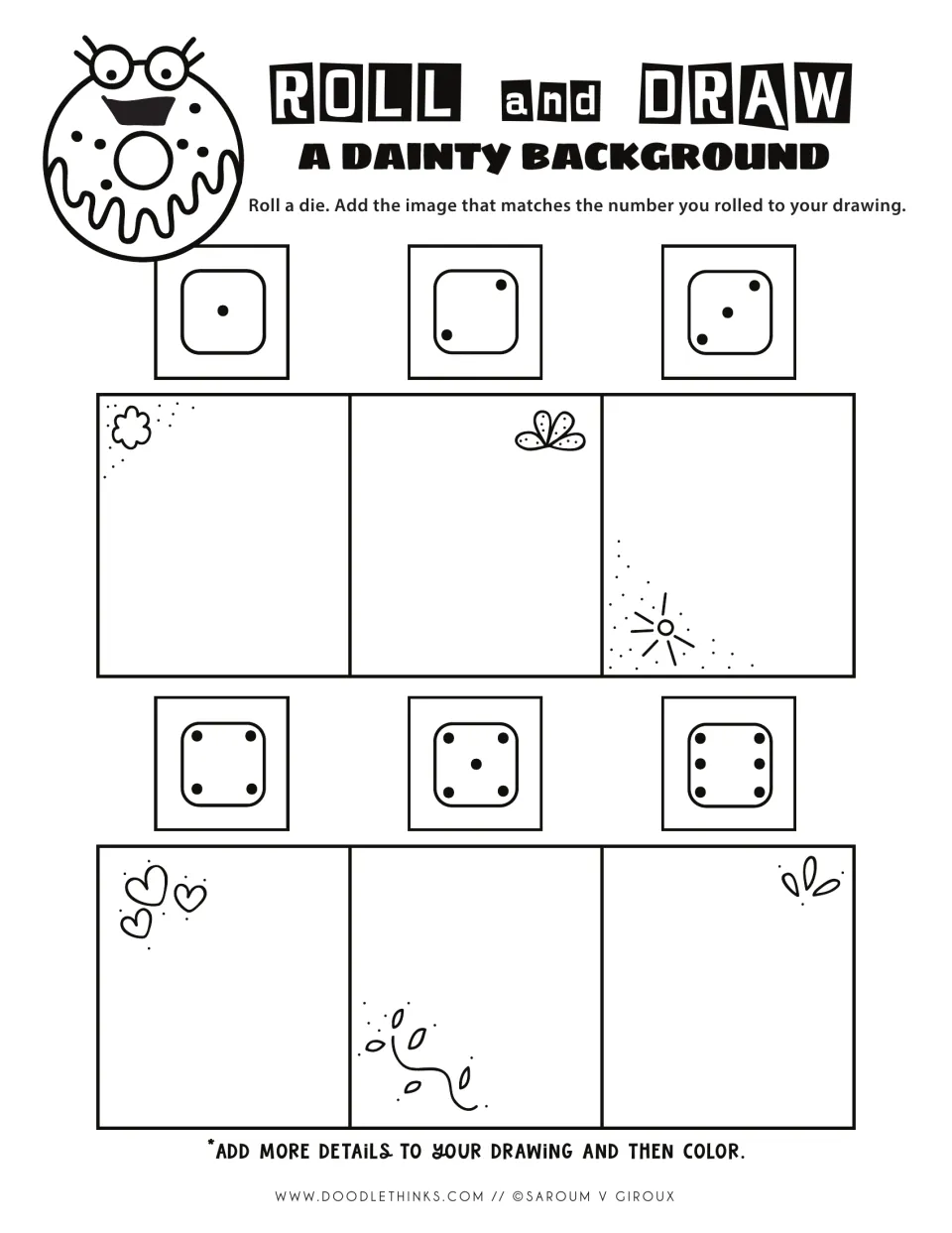 Black-and-white dainty background chart: a die roll selects a scene doodle such as hearts, leaves or a sunburst to draw