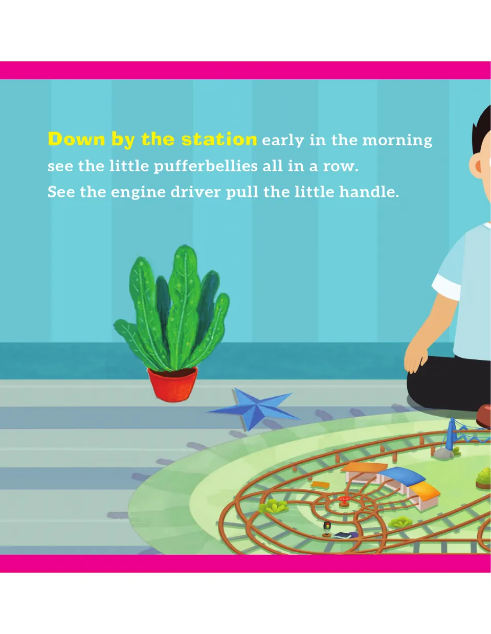 Song lyrics, first verse: early-morning lines about the pufferbellies and engine driver as a man sits by a toy train track