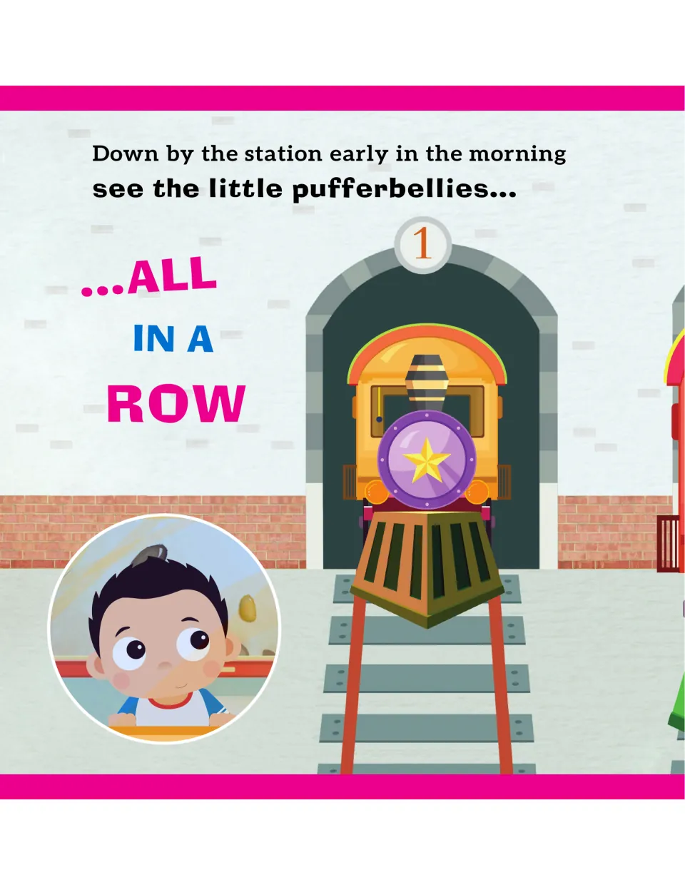Song lyrics with '...all in a row' in large letters as engine number 1 waits in its arched shed and a boy looks on