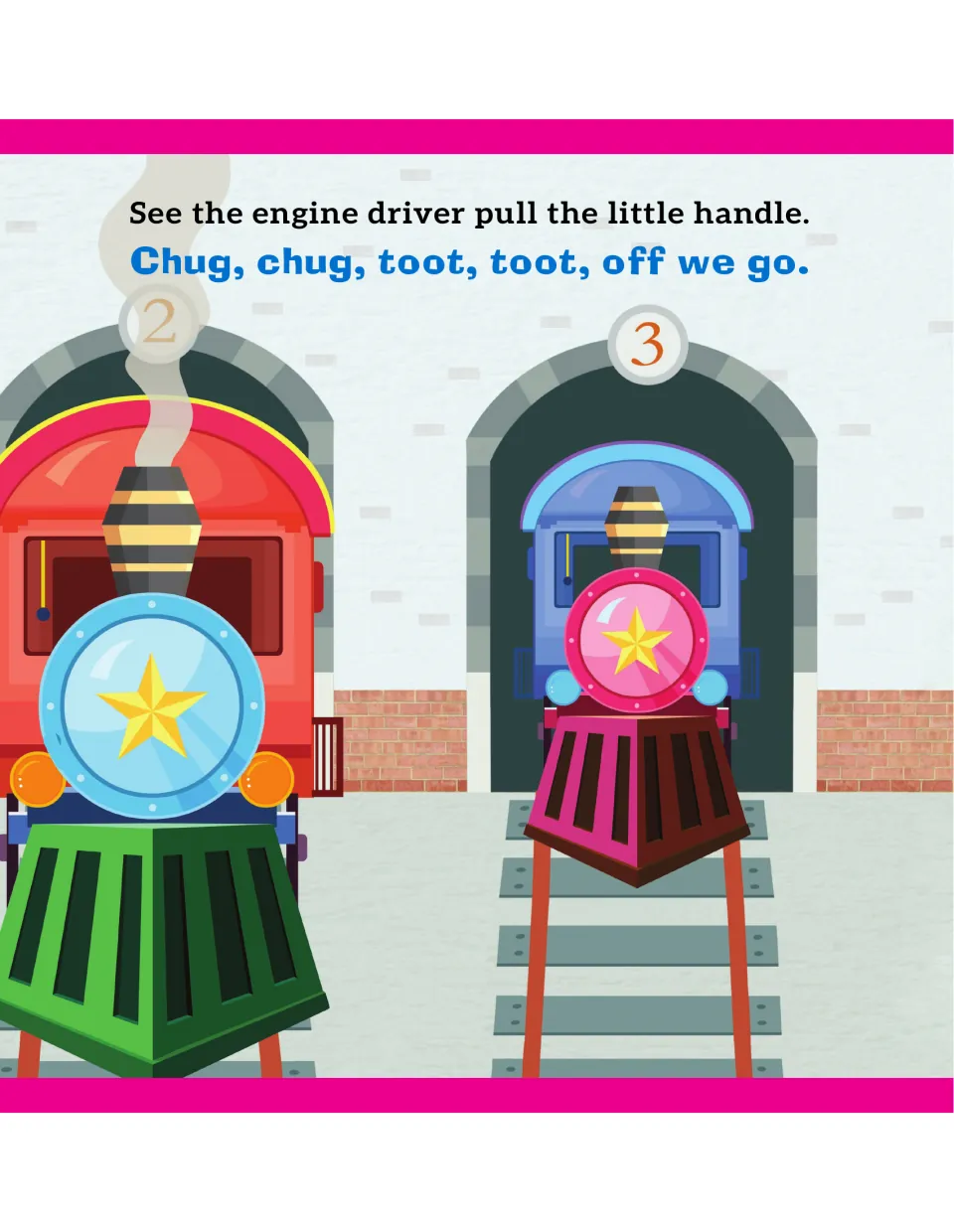 Lyrics about the engine driver pulling the handle, plus the chug-chug refrain, over engines 2 and 3 in their arched sheds