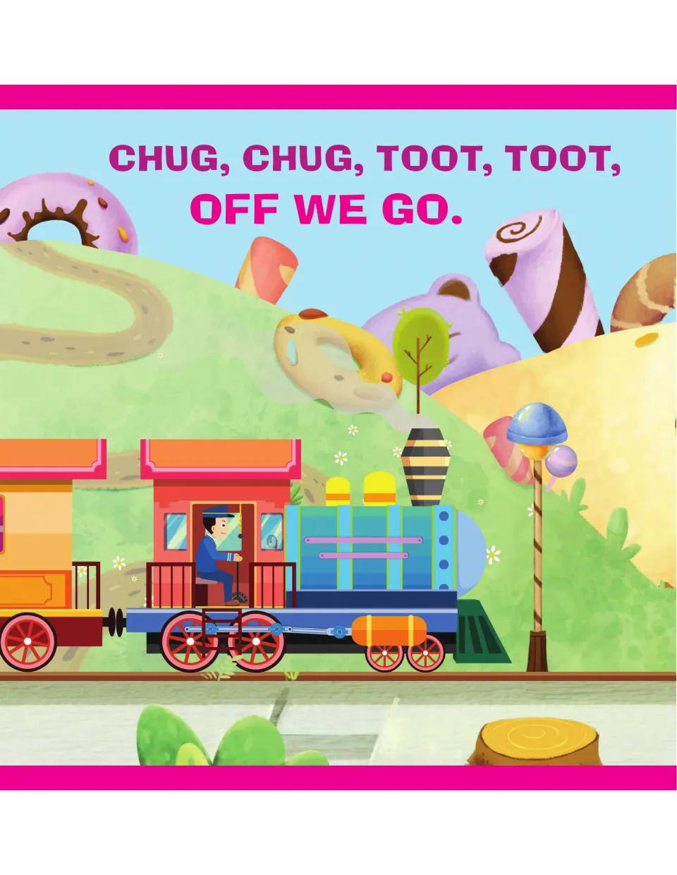 Refrain 'chug, chug, toot, toot, off we go' as the conductor drives the blue engine through a candy-land landscape