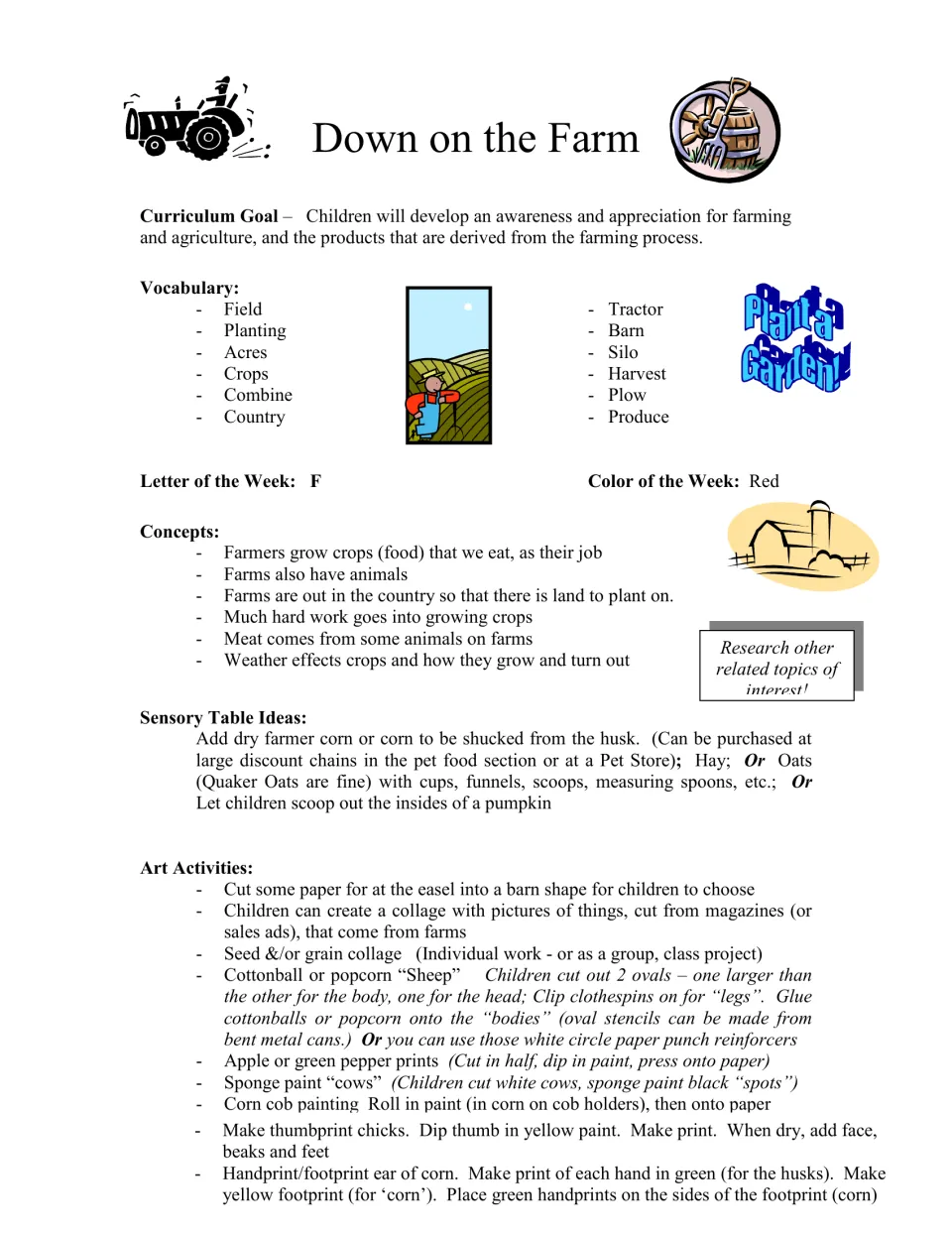 Farm unit plan: curriculum goal, 12 vocabulary words, letter F, color red, key concepts, sensory table and art ideas