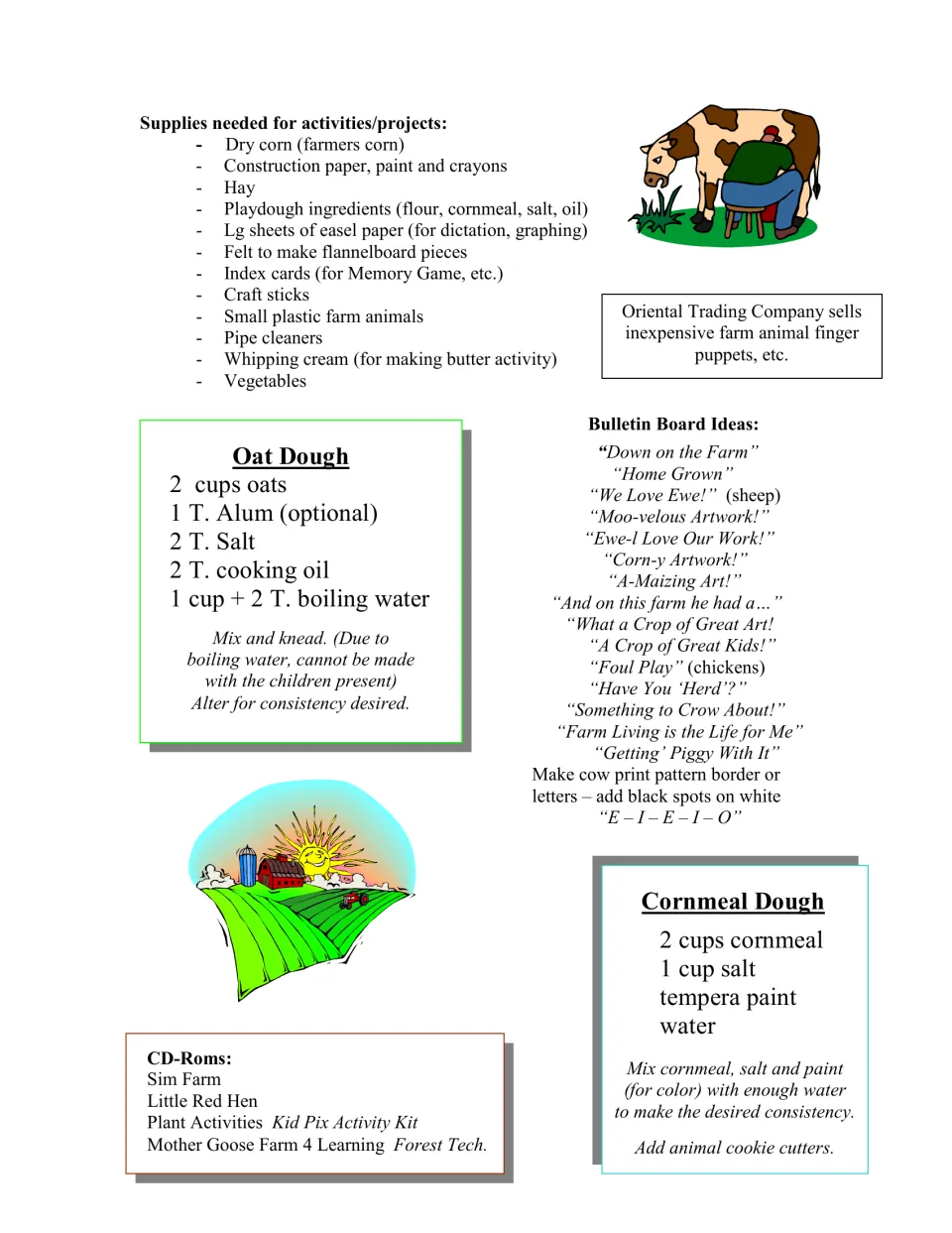 Farm unit supply list with oat dough and cornmeal dough recipes, bulletin board slogans and farm CD-ROM titles