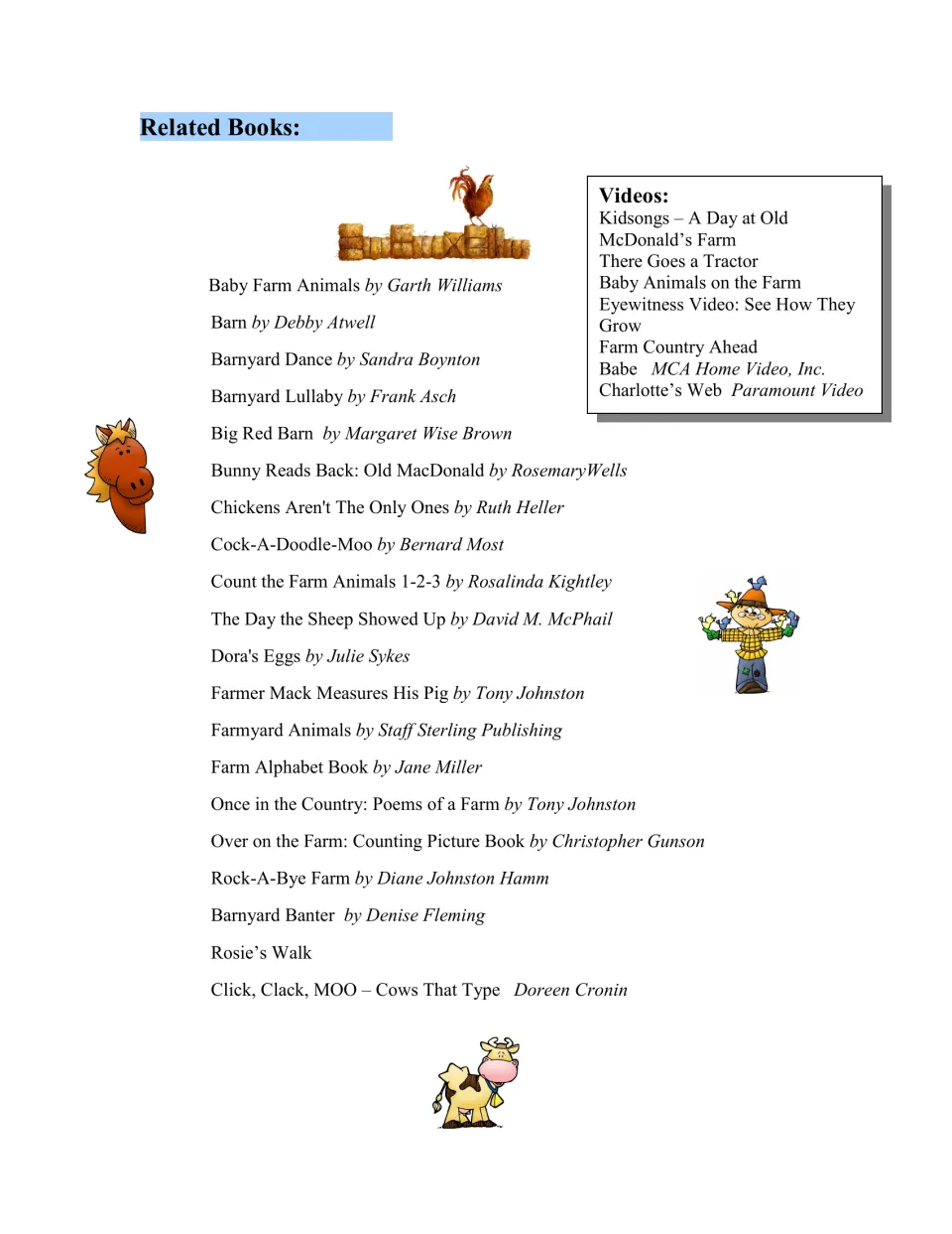 Related farm books with authors, such as Big Red Barn and Click, Clack, Moo, plus a list of farm-themed videos