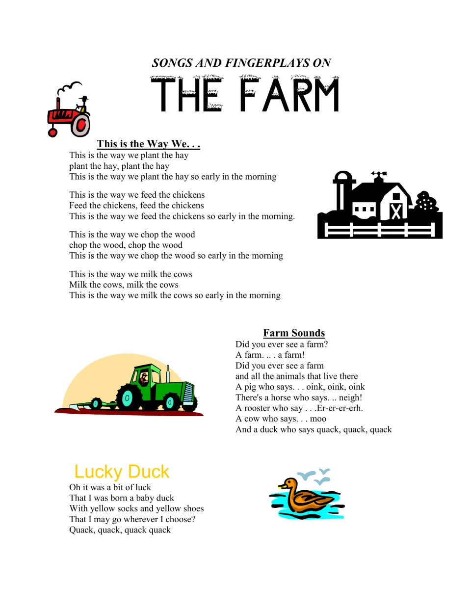Farm songs and fingerplays: This Is the Way We..., Farm Sounds with animal noises, and the Lucky Duck rhyme lyrics