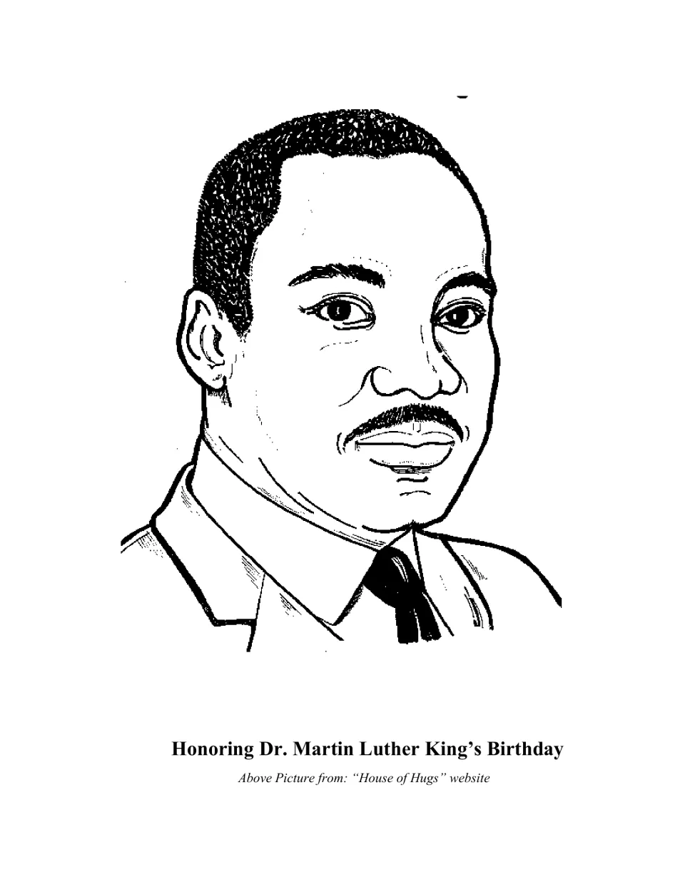 Honoring Dr. Martin Luther King's Birthday: black-and-white line-art portrait of Dr. King in a shirt and tie