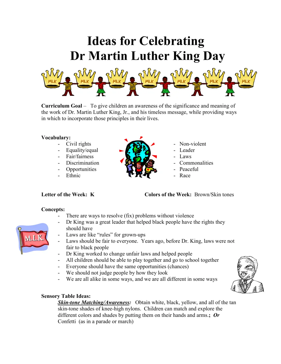 MLK Day planning: curriculum goal, vocabulary like civil rights and fairness, letter K, key concepts, sensory table