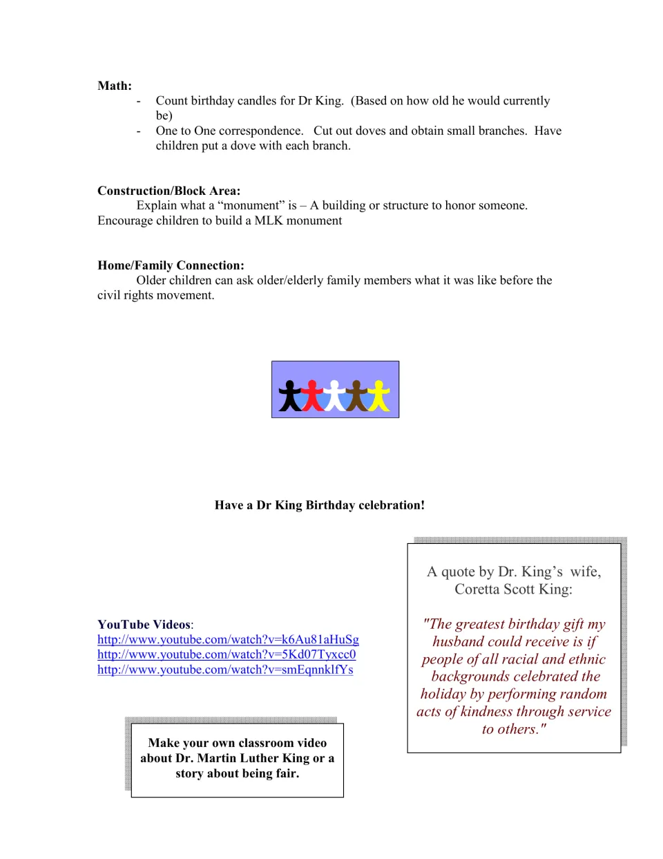 Math with candles and dove one-to-one matching, MLK block monument, family connection, videos, Coretta Scott King quote