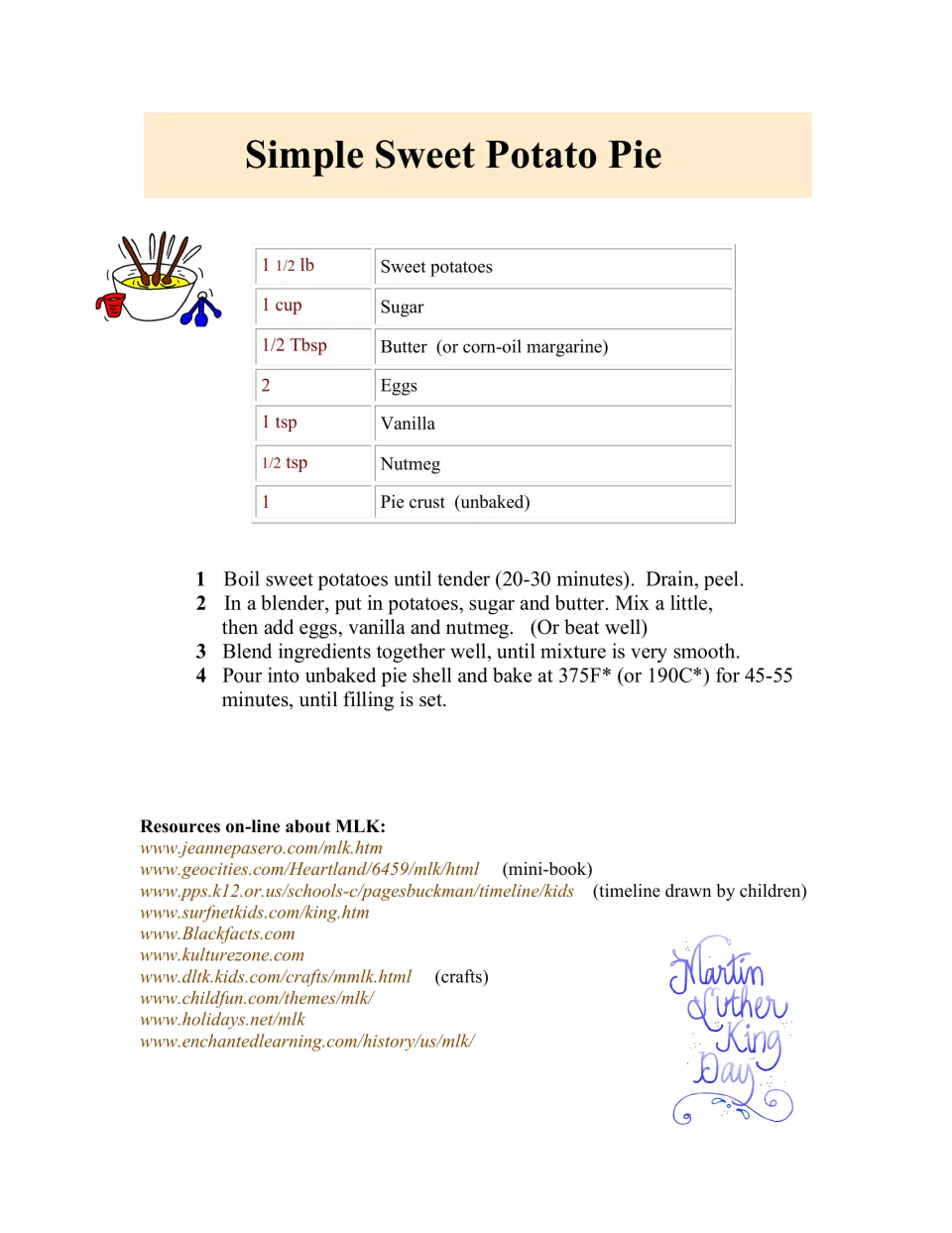 Simple Sweet Potato Pie recipe with ingredient amounts and four baking steps, plus a list of online MLK resource links