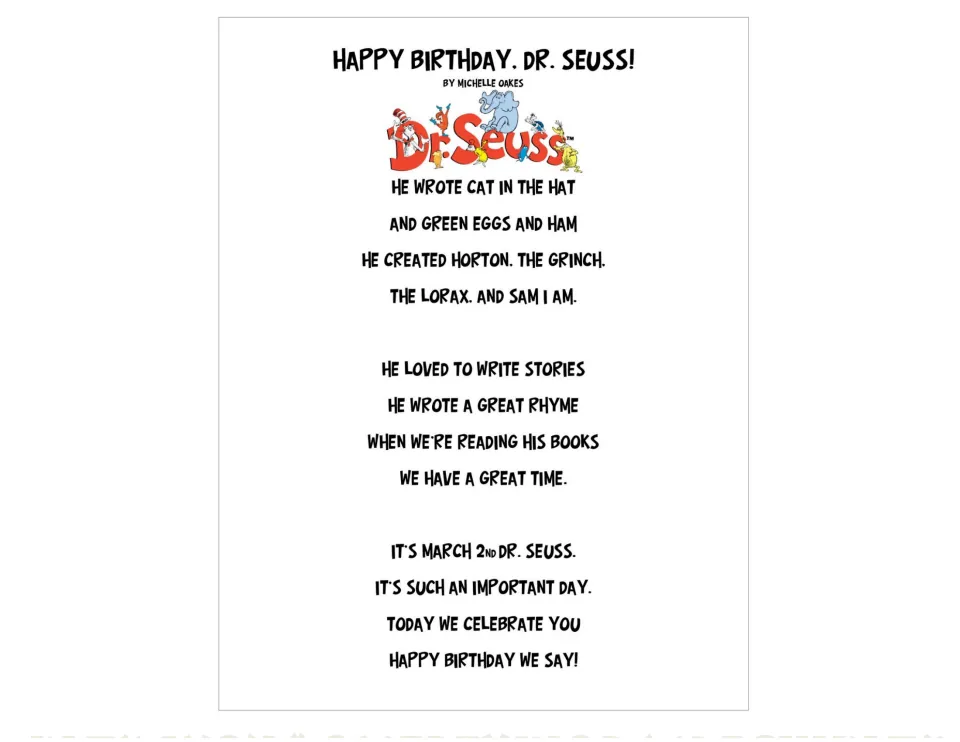 Happy Birthday, Dr. Seuss! poem by Michelle Oakes naming Cat in the Hat, Horton, the Grinch and March 2nd
