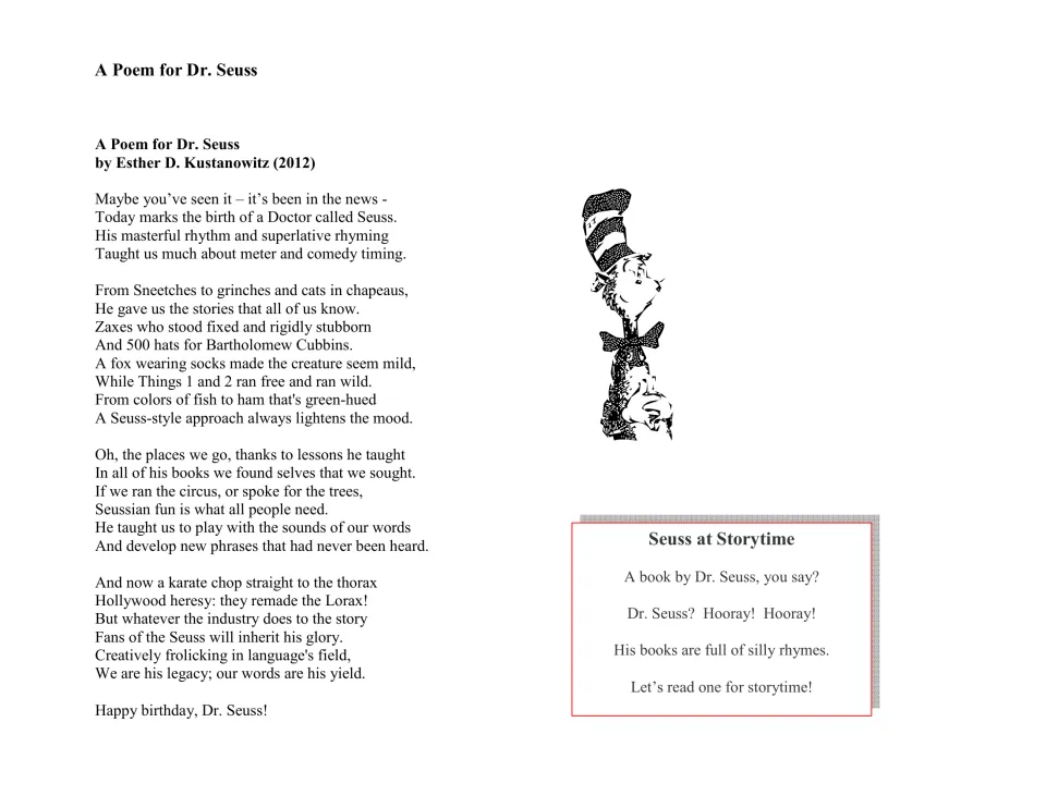 A Poem for Dr. Seuss by Esther D. Kustanowitz on his books and rhyming, plus a short Seuss at Storytime chant