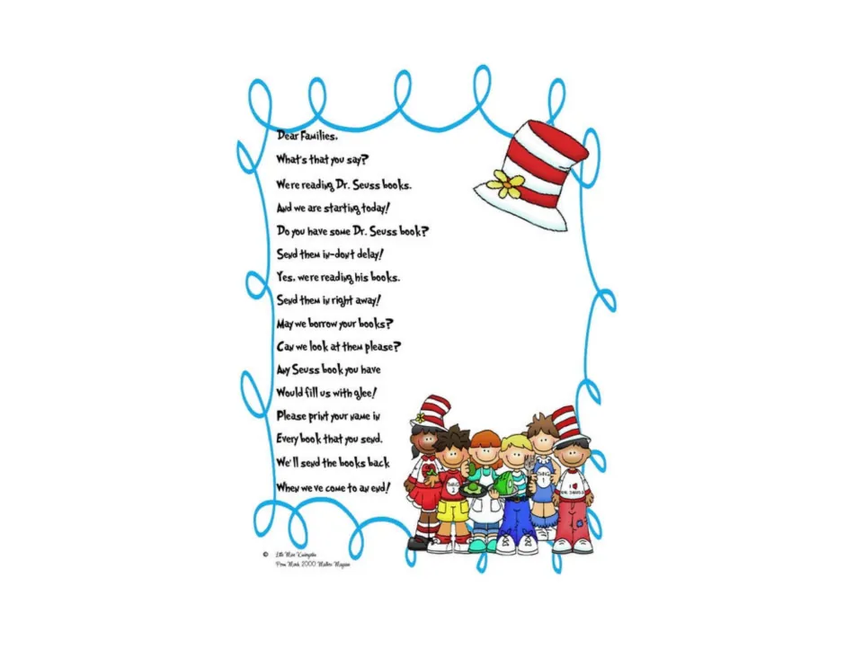 Dear Families rhyming letter asking parents to lend Dr. Seuss books, with names printed inside, to be sent back later