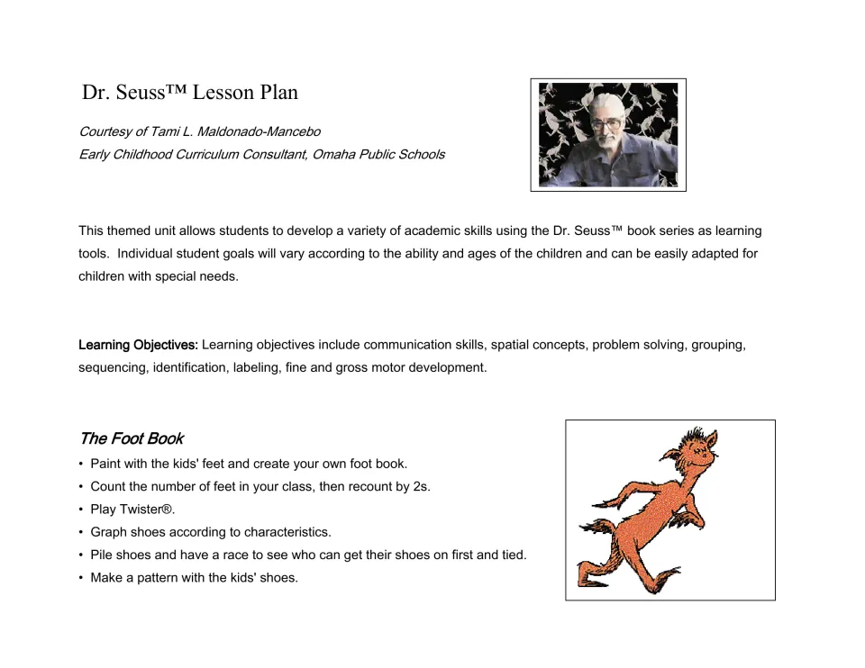 Dr. Seuss lesson plan overview with learning objectives and The Foot Book ideas: foot painting, counting feet by 2s