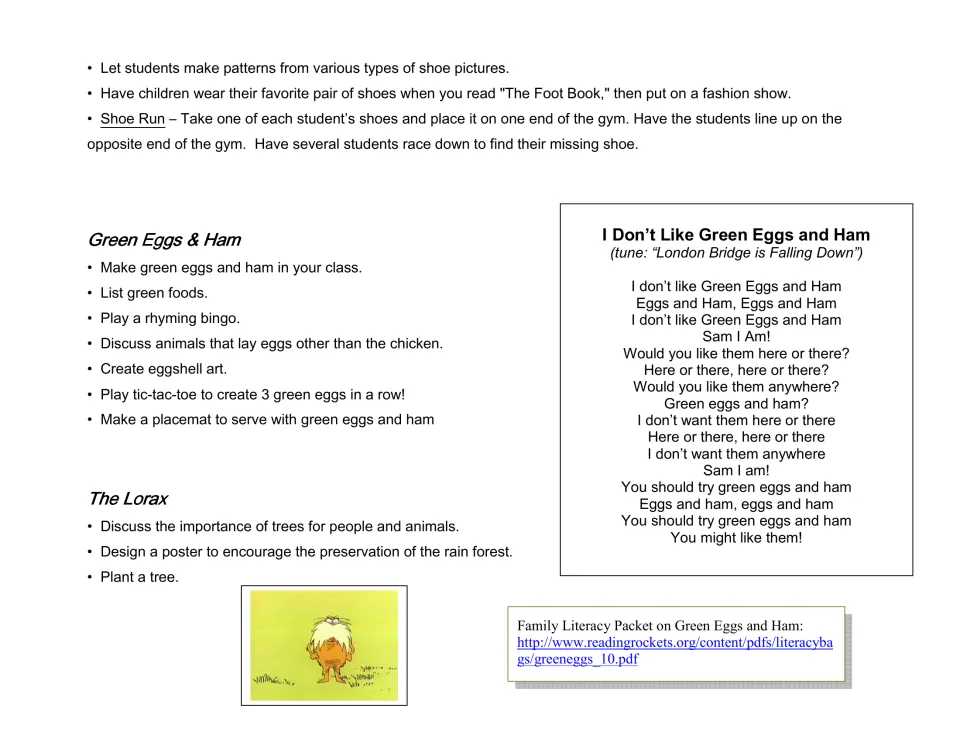 Green Eggs & Ham and The Lorax activities: rhyming bingo, green foods list, planting a tree, plus a Green Eggs song
