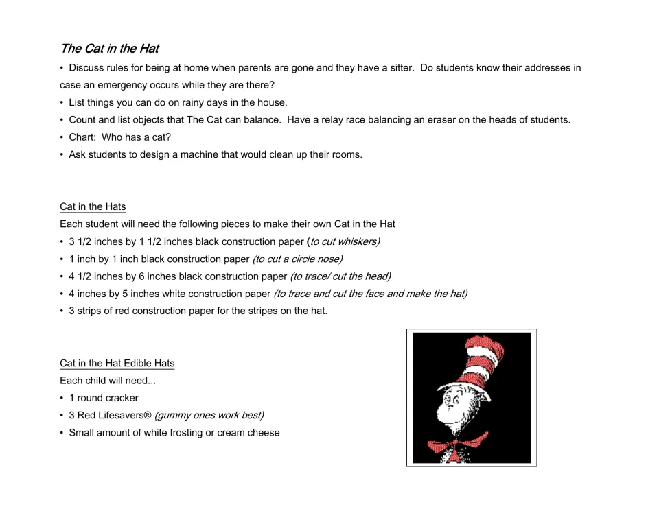 The Cat in the Hat discussion and balancing ideas, paper sizes for a Cat in the Hat craft and an edible hat snack list