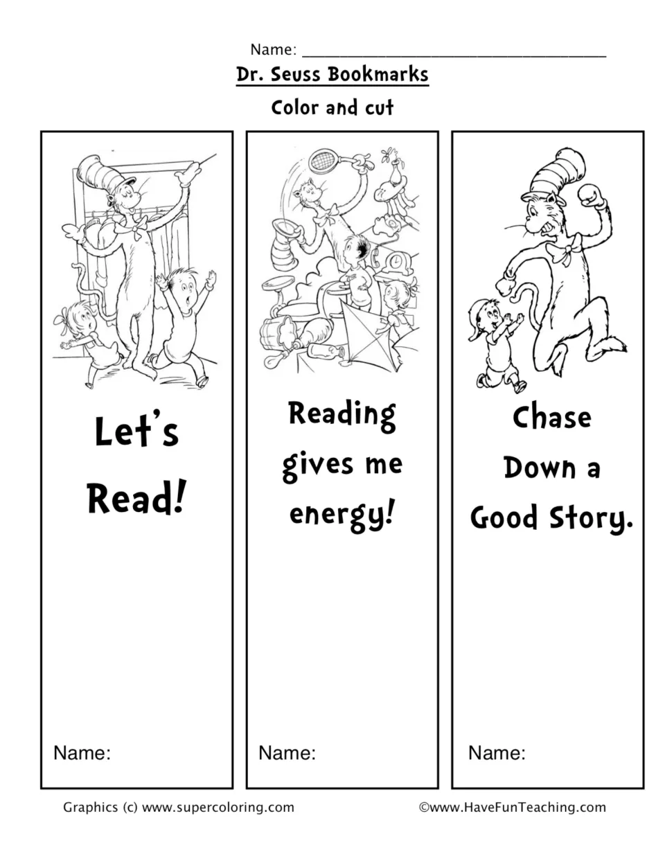 Three bookmarks to color and cut: “Let's Read!”, “Reading gives me energy!” and “Chase Down a Good Story.”