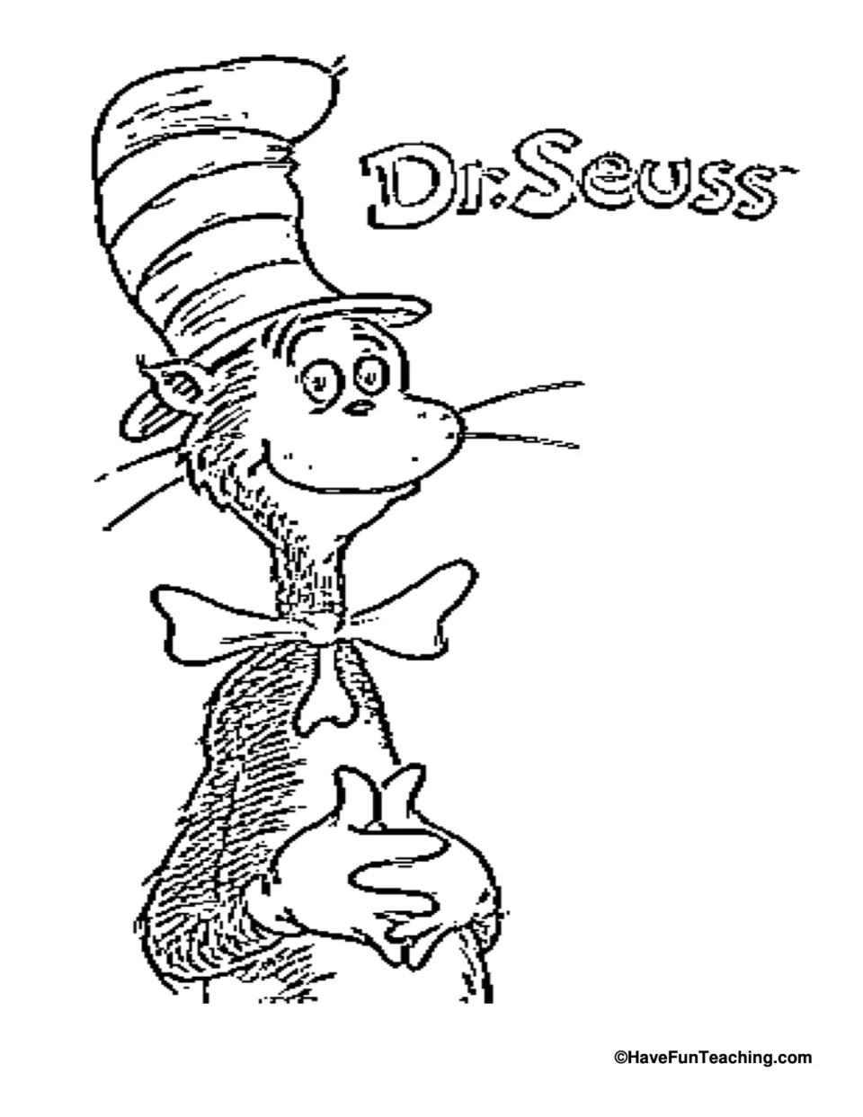 Cat in the Hat colouring page: students colour the grinning cat in his tall striped hat and bow tie beside Dr. Seuss lettering